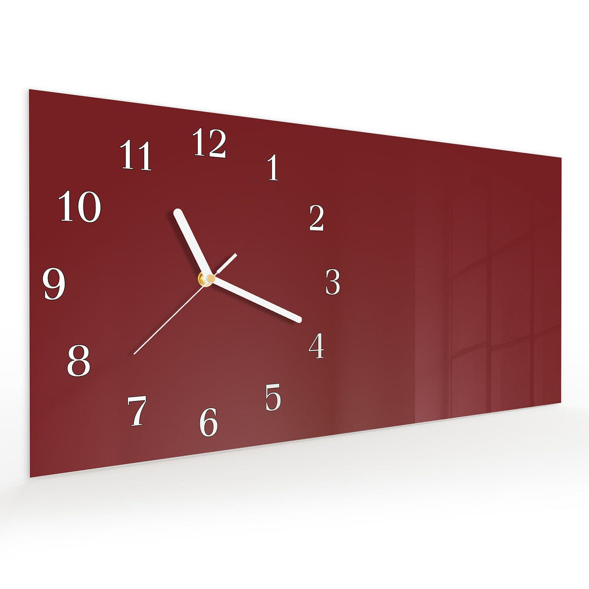 Vormontiert – mit Schwebeeffekt – Wanduhr Weinroter Hintergrund I aus Glas – Querformat 60 × 30 cm
