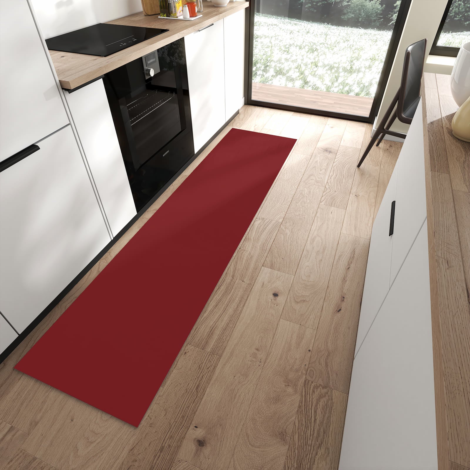 Pflegeleichter großer Küchenteppich mit Motiv Weinroter Hintergrund I in moderner Küche