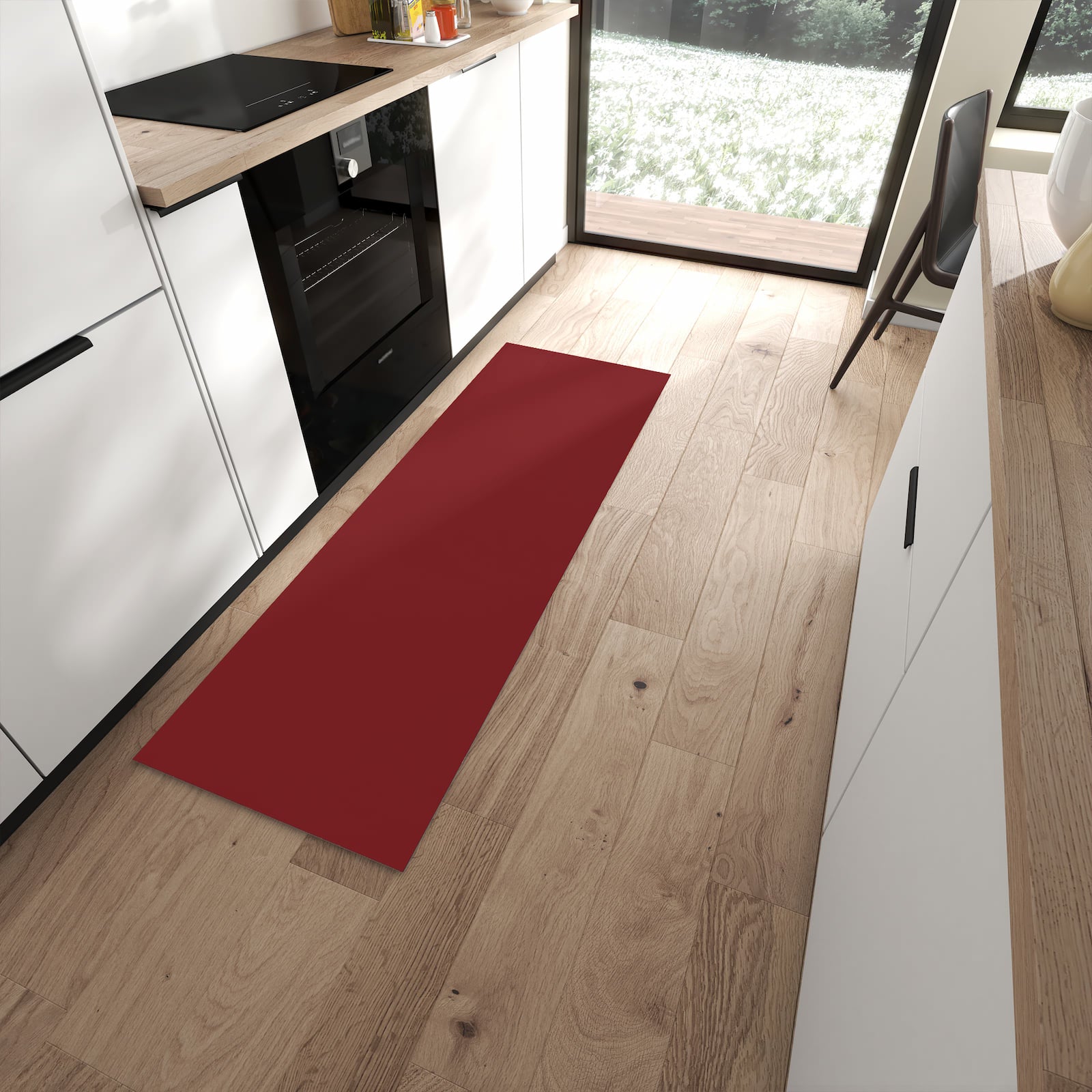 Rutschfester waschbarer Küchenteppich mit Motiv Weinroter Hintergrund I in moderner Küche