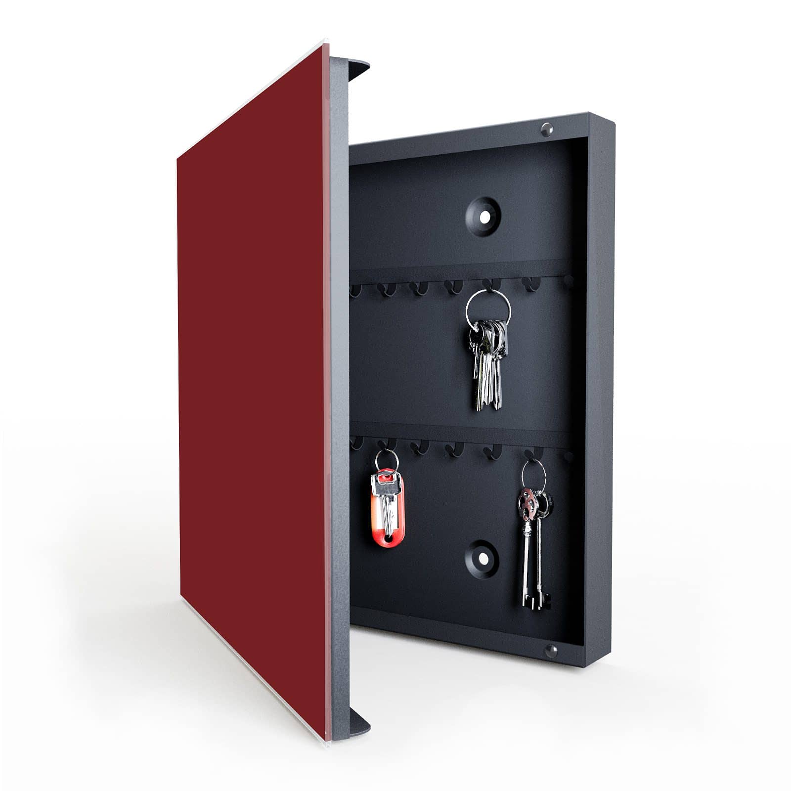 Kratzfester Schlüsselkasten mit Motiv Weinroter Hintergrund I in geöffneter Innenansicht