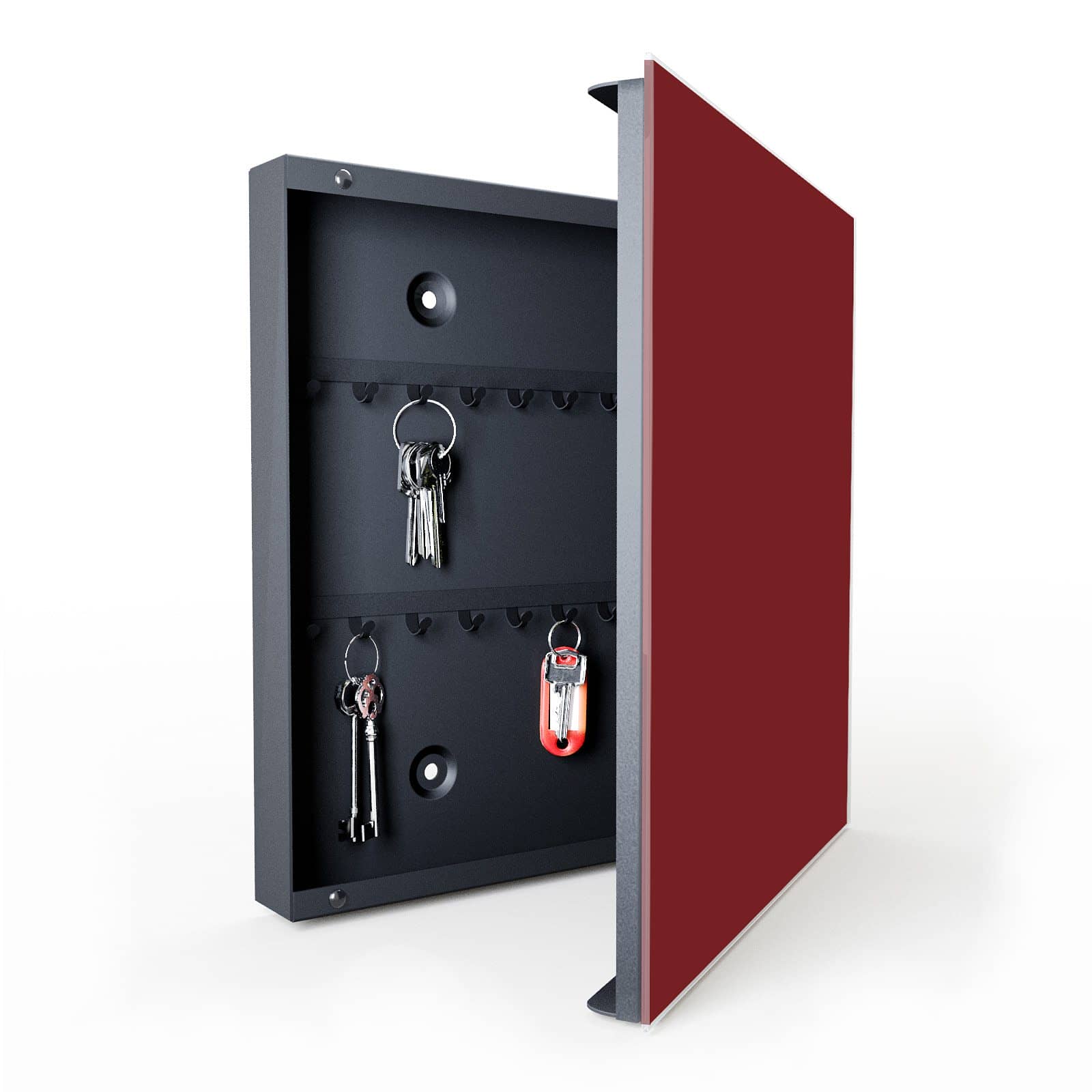 Kratzfester Schlüsselkasten mit Motiv Weinroter Hintergrund I in geöffneter Innenansicht