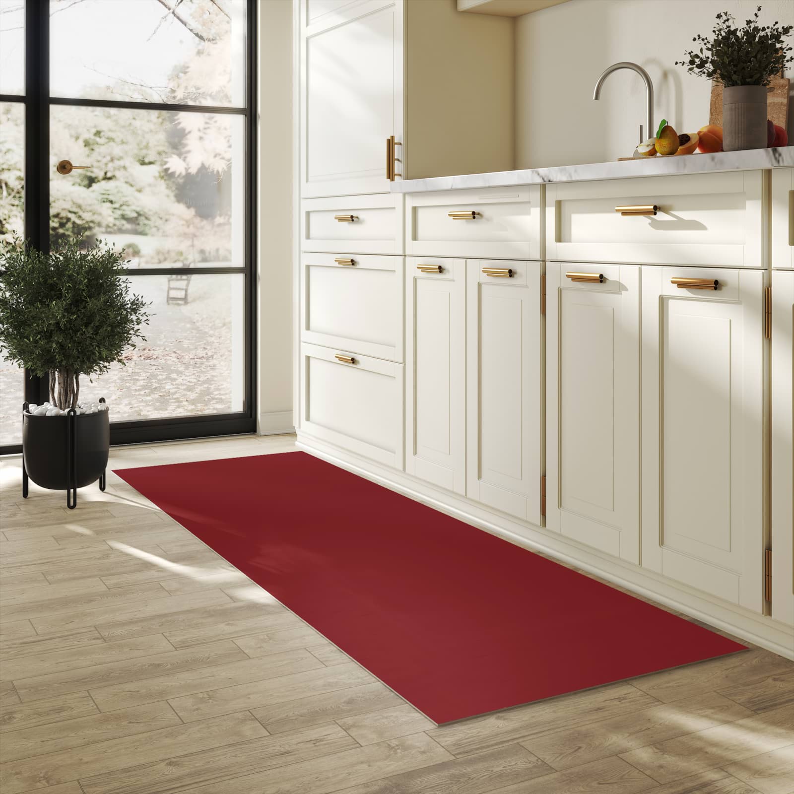 Fleckenresistenter waschbarer Teppich Küche mit Motiv Weinroter Hintergrund I in heller Küche