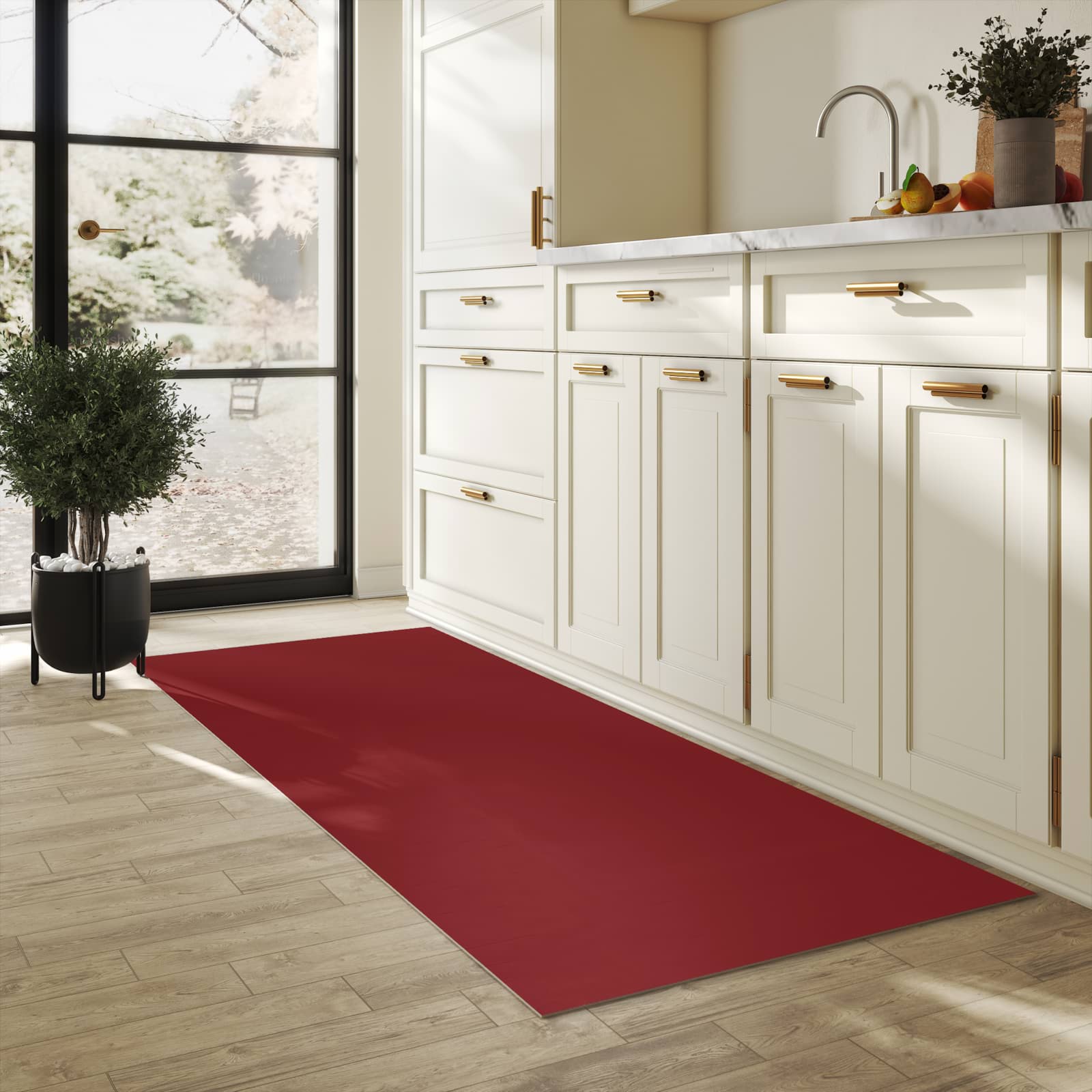 Flacher waschbarer Läufer für die Küche mit Motiv Weinroter Hintergrund I in heller Küche