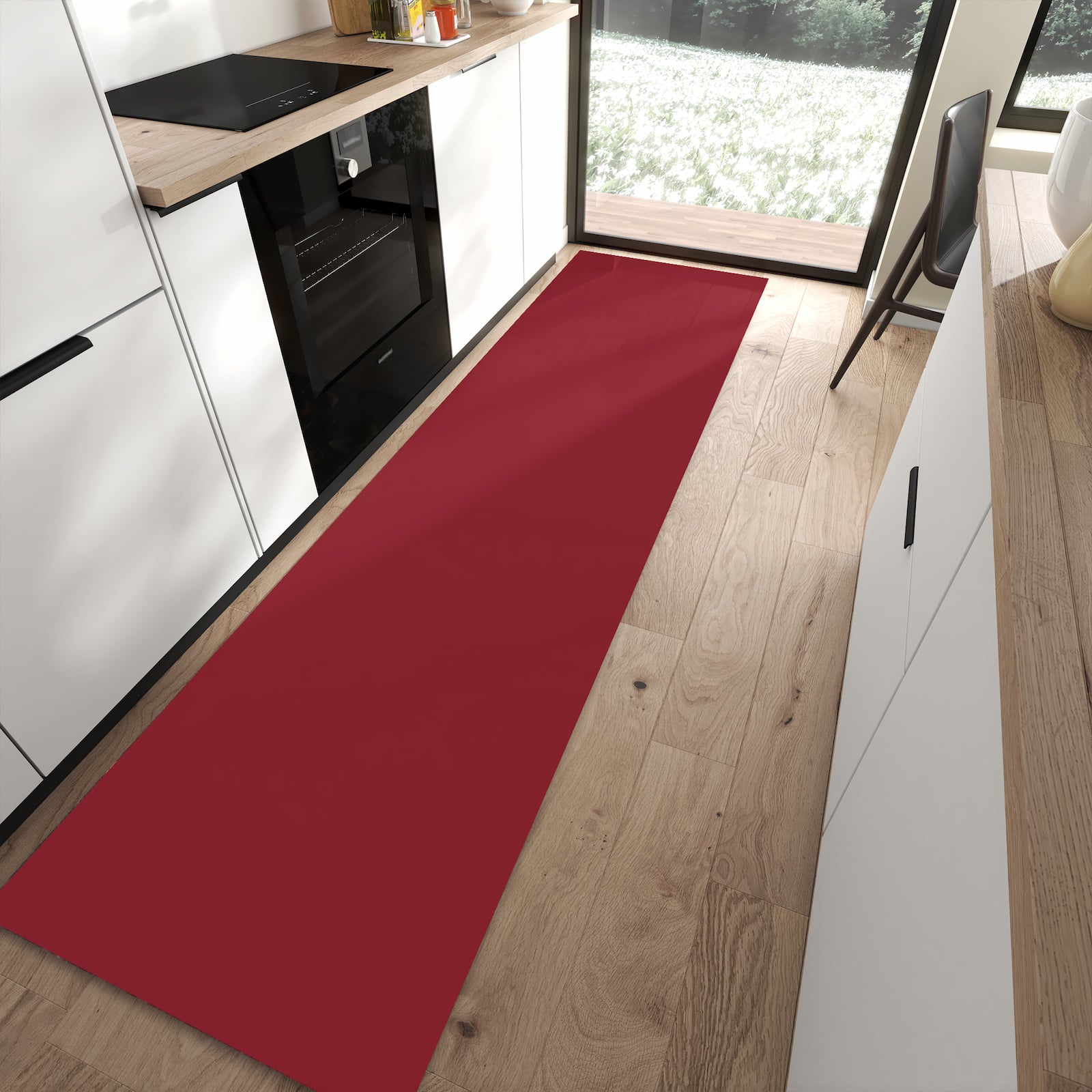 Geruchsneutraler waschbarer Küchenteppich mit Motiv Weinroter Hintergrund II in moderner Küche