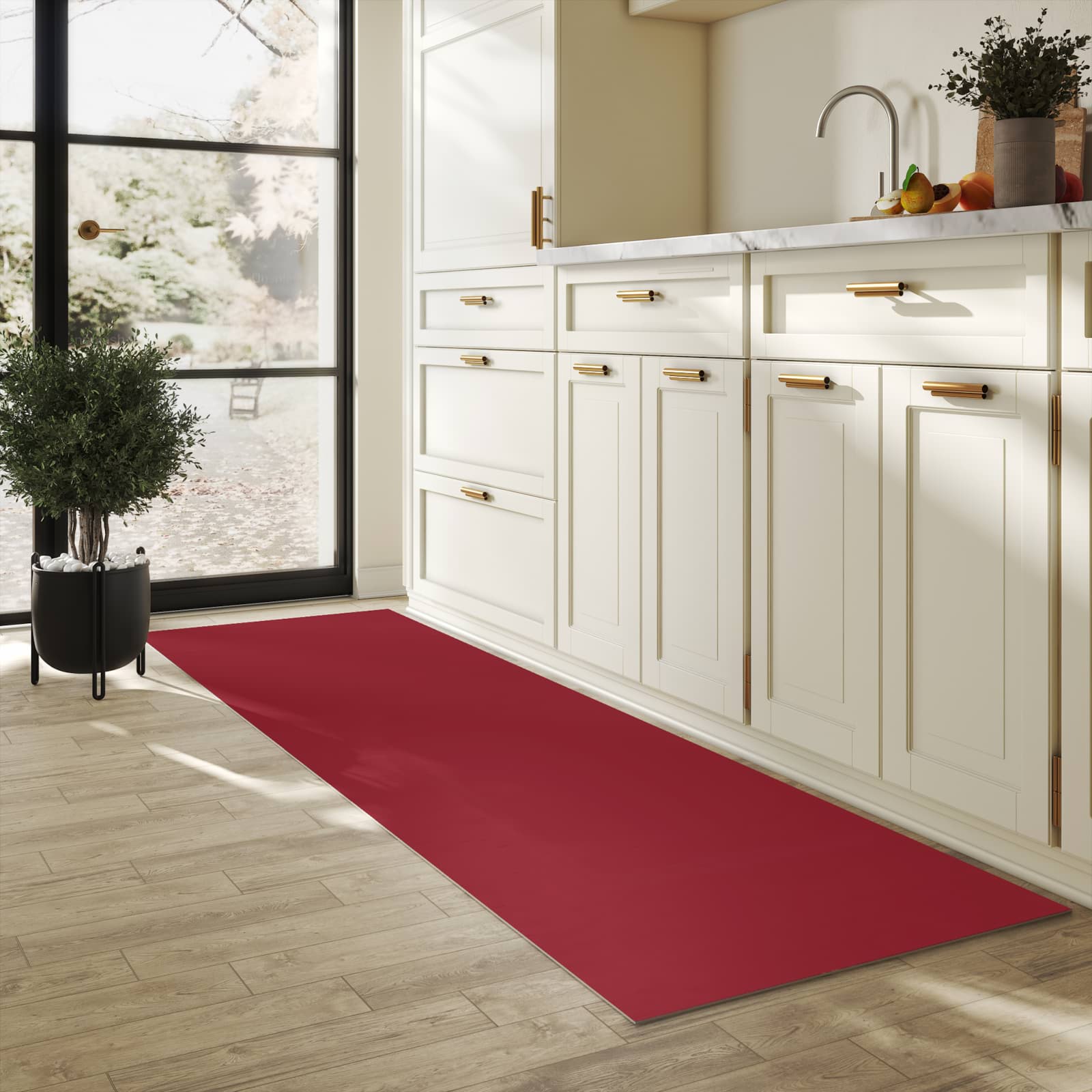 Rutschfester Küchenläufer mit Motiv Weinroter Hintergrund II in heller Küche