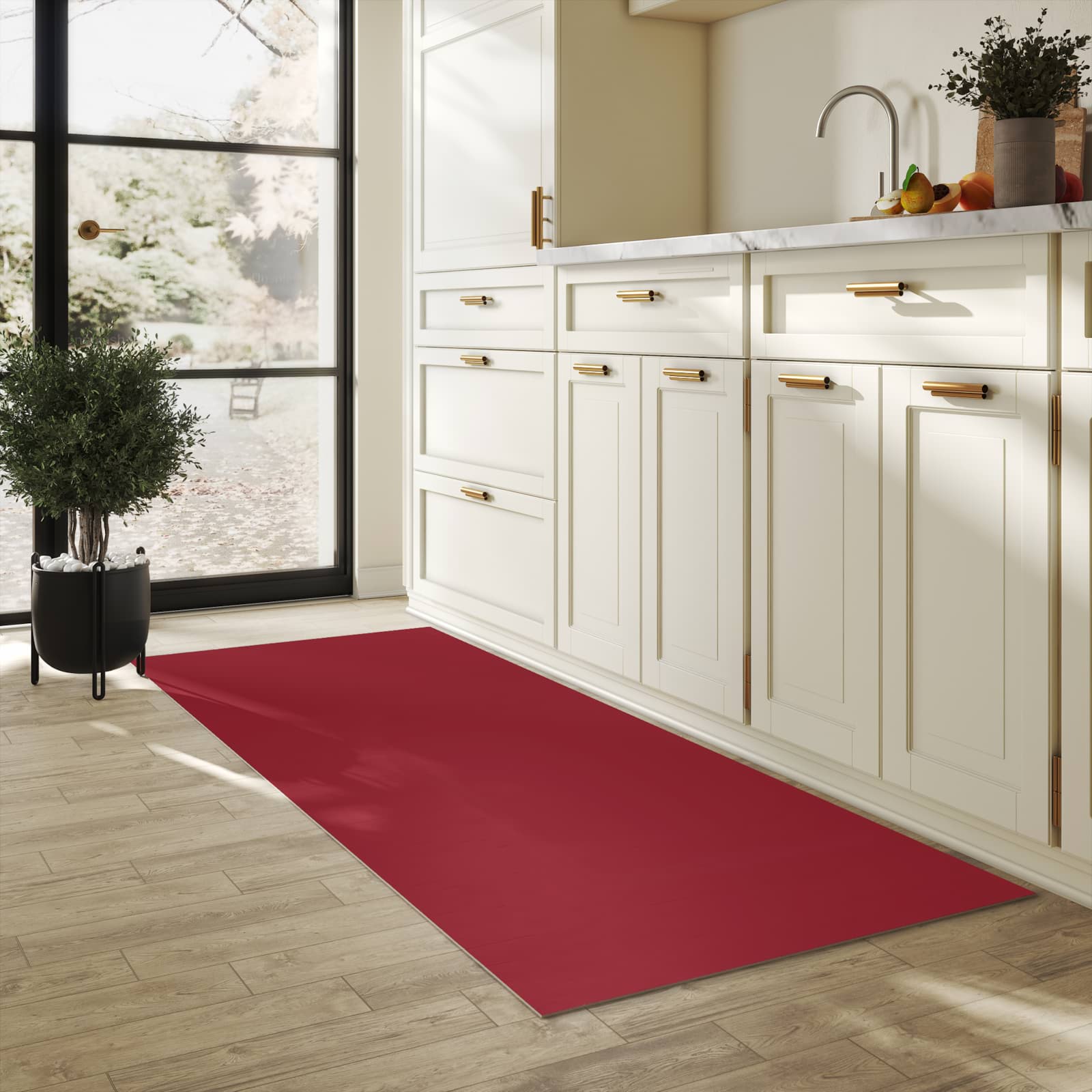 Hygienischer Küchenteppich mit Motiv Weinroter Hintergrund II in heller Küche