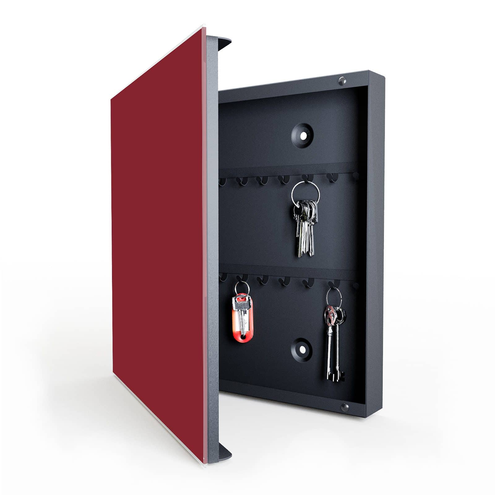 Aufgeräumte Schlüsselablage mit Motiv Weinroter Hintergrund II in geöffneter Innenansicht