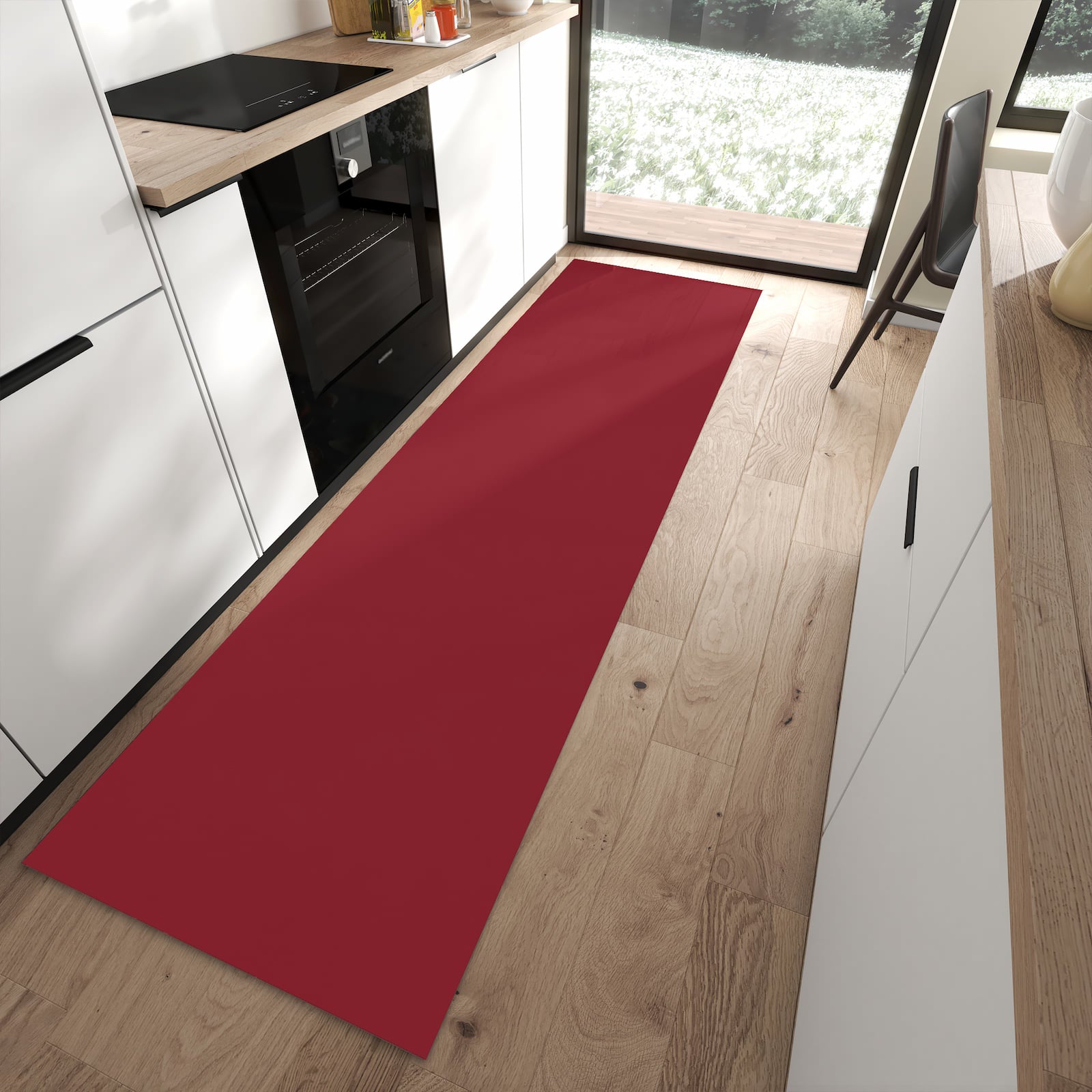 Schmutzabweisender Küchenteppich mit Motiv Weinroter Hintergrund II in moderner Küche