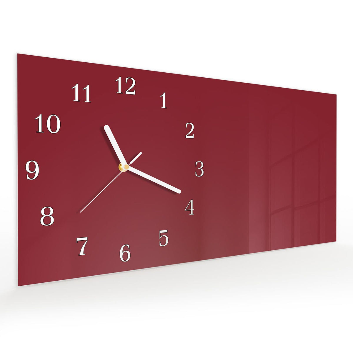 Vormontiert – mit Schwebeeffekt – Wanduhr Weinroter Hintergrund II aus Glas – Querformat 60 × 30 cm