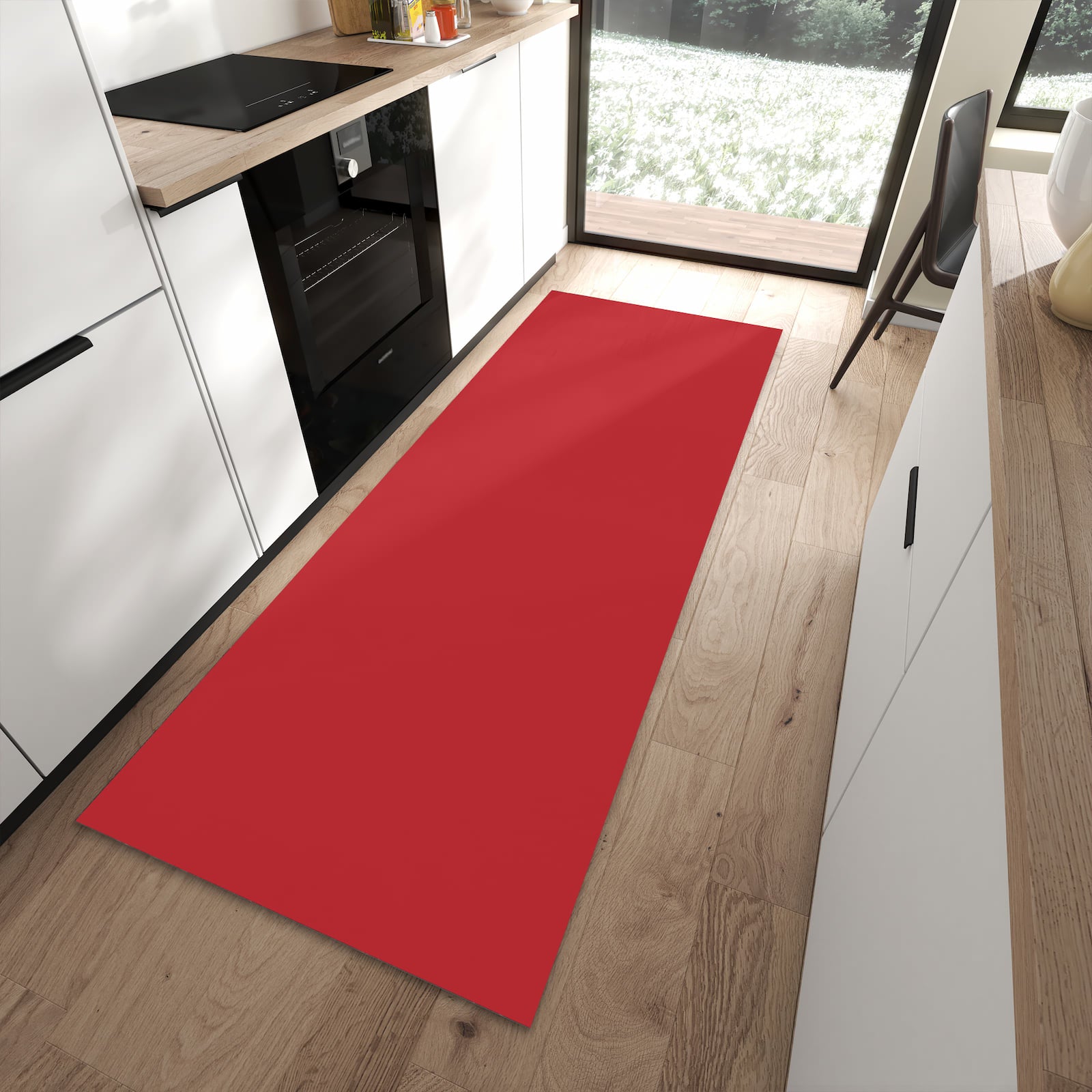 Farbbeständiger Läufer für den Eingangsbereich mit Motiv Weinroter Hintergrund III in moderner Küche