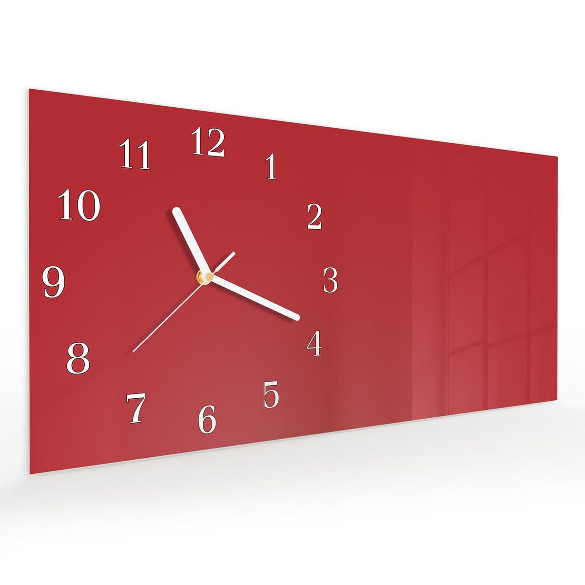 Vormontiert – mit Schwebeeffekt – Wanduhr Weinroter Hintergrund III aus Glas – Querformat 60 × 30 cm