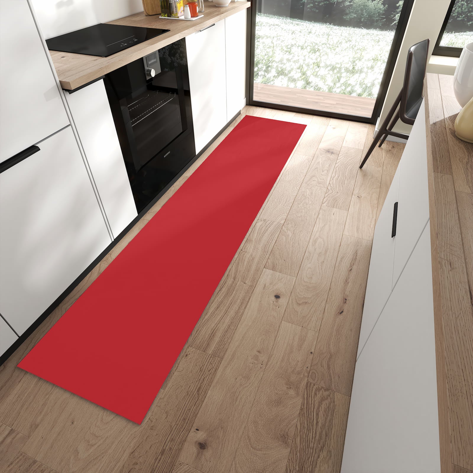 Strapazierfähiger Küchenvorleger mit Motiv Weinroter Hintergrund III in moderner Küche