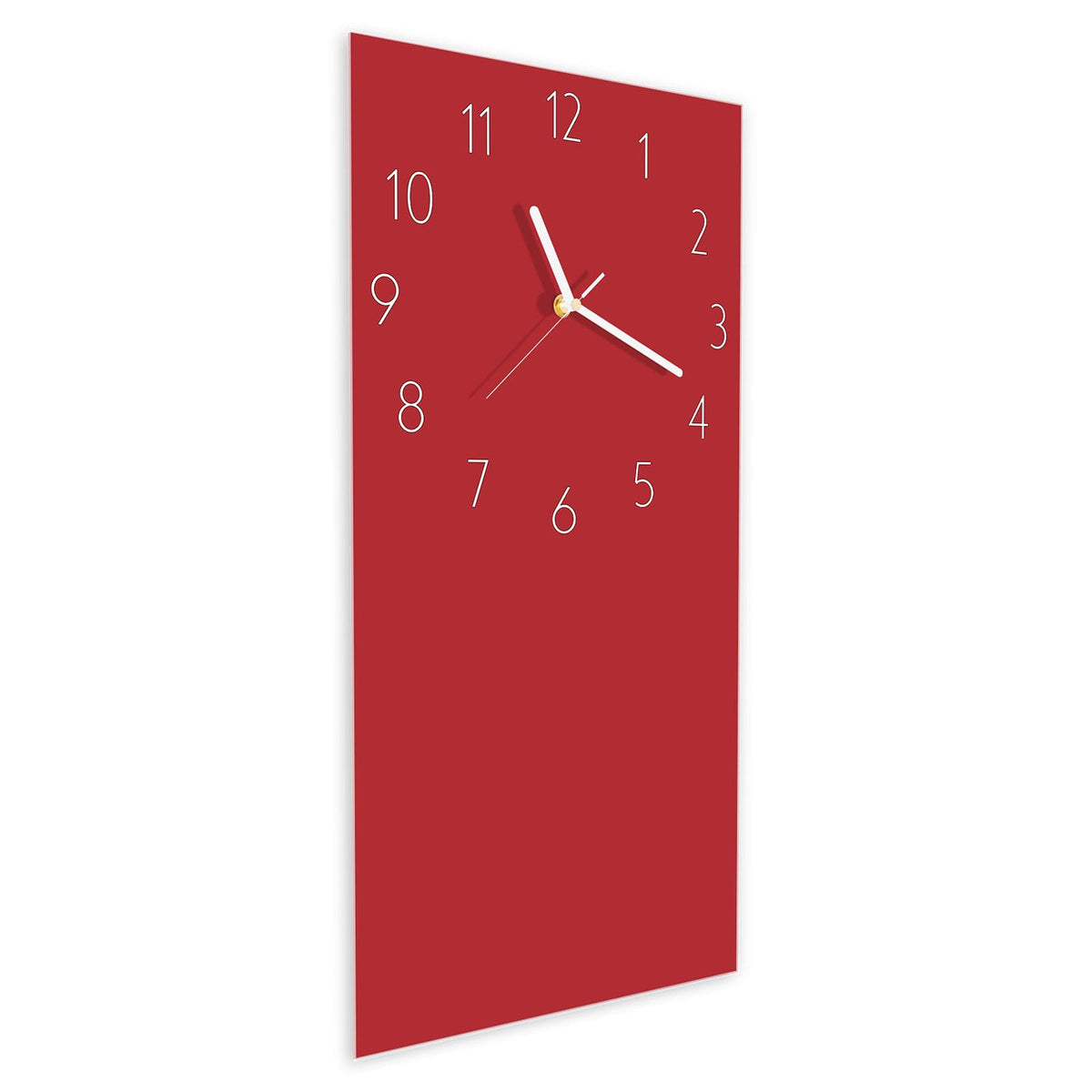 Wanduhr aus Glas im Hochformat Kirschrot schräg von der Seite, 4 mm starkes Glas