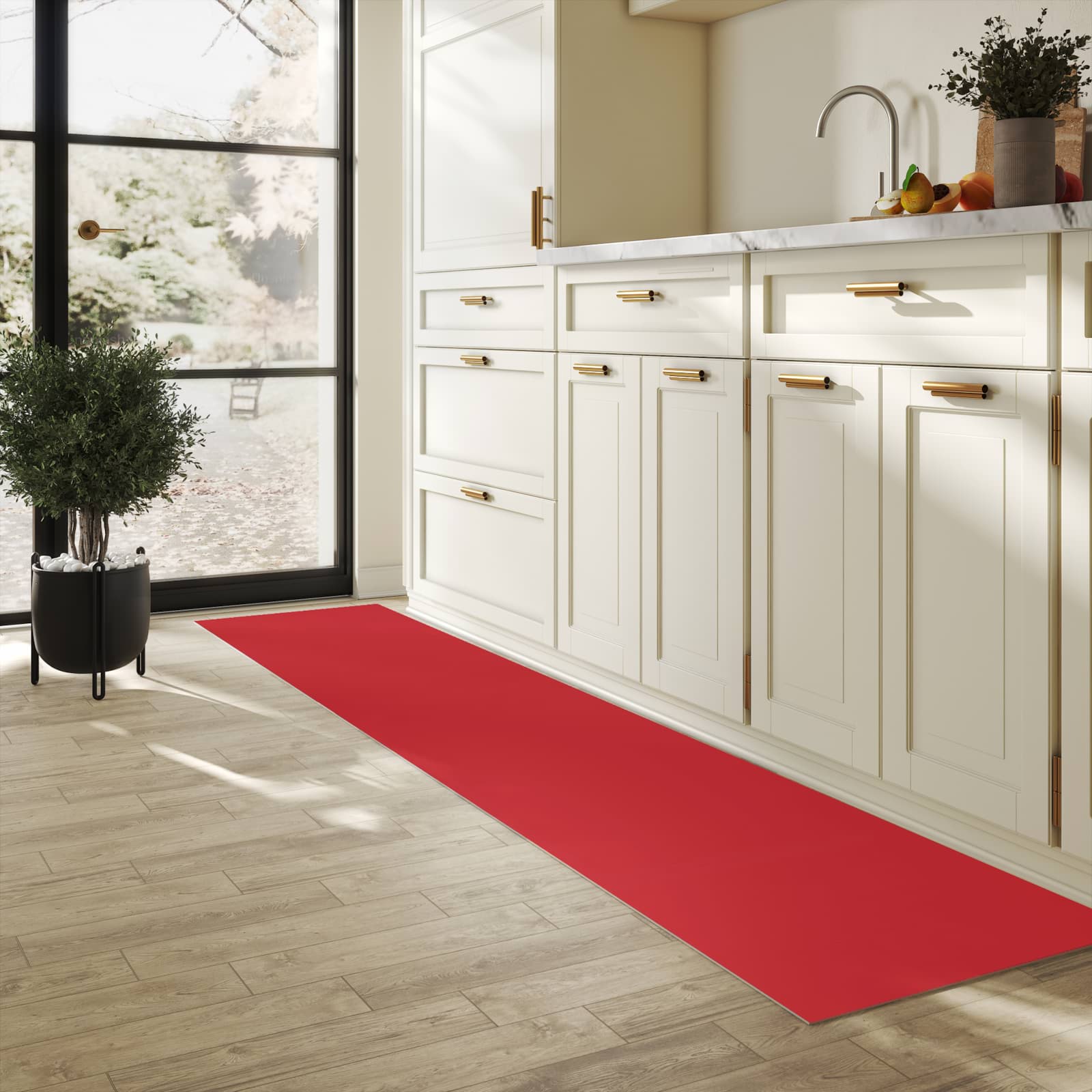 Bodenschonender großer Küchenteppich mit Motiv Weinroter Hintergrund III in heller Küche