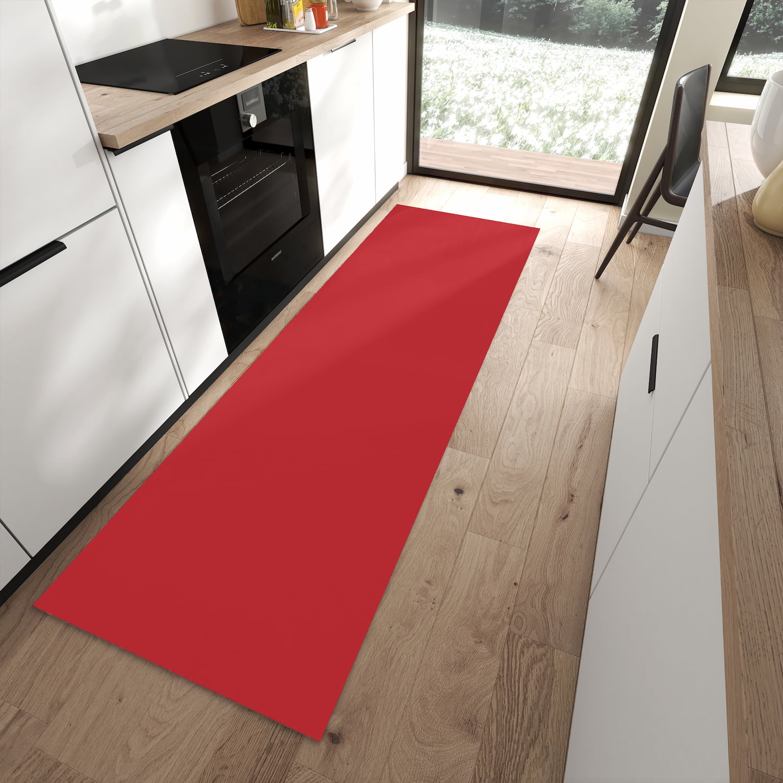 Feuchtigkeitsresistenter Teppichläufer mit Motiv Weinroter Hintergrund III in moderner Küche