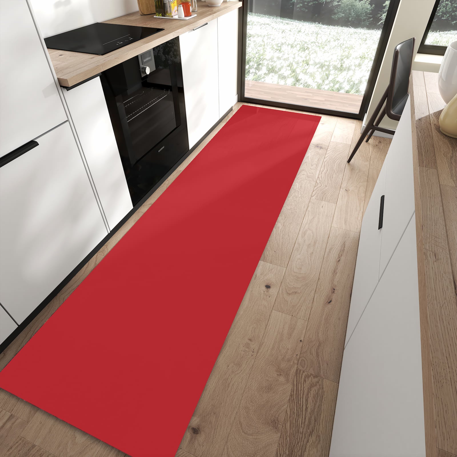 Waschbarer Küchenläufer mit Motiv Weinroter Hintergrund III für Ordnung in moderner Küche