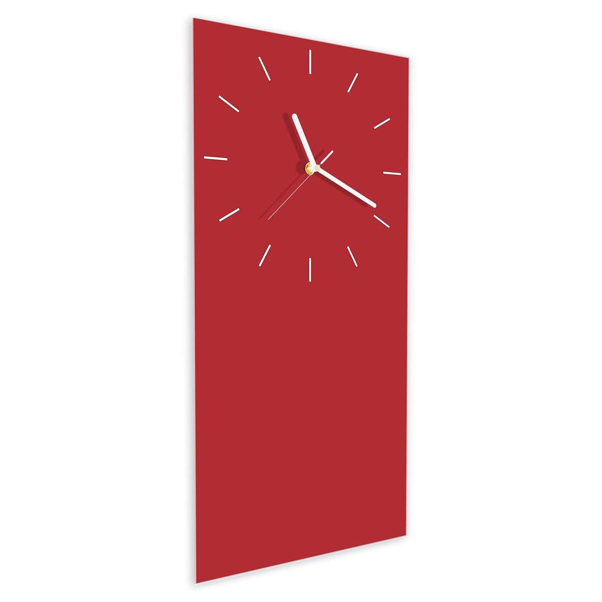 Wanduhr aus Glas im Hochformat Kirschrot schräg von der Seite, 4 mm starkes Glas