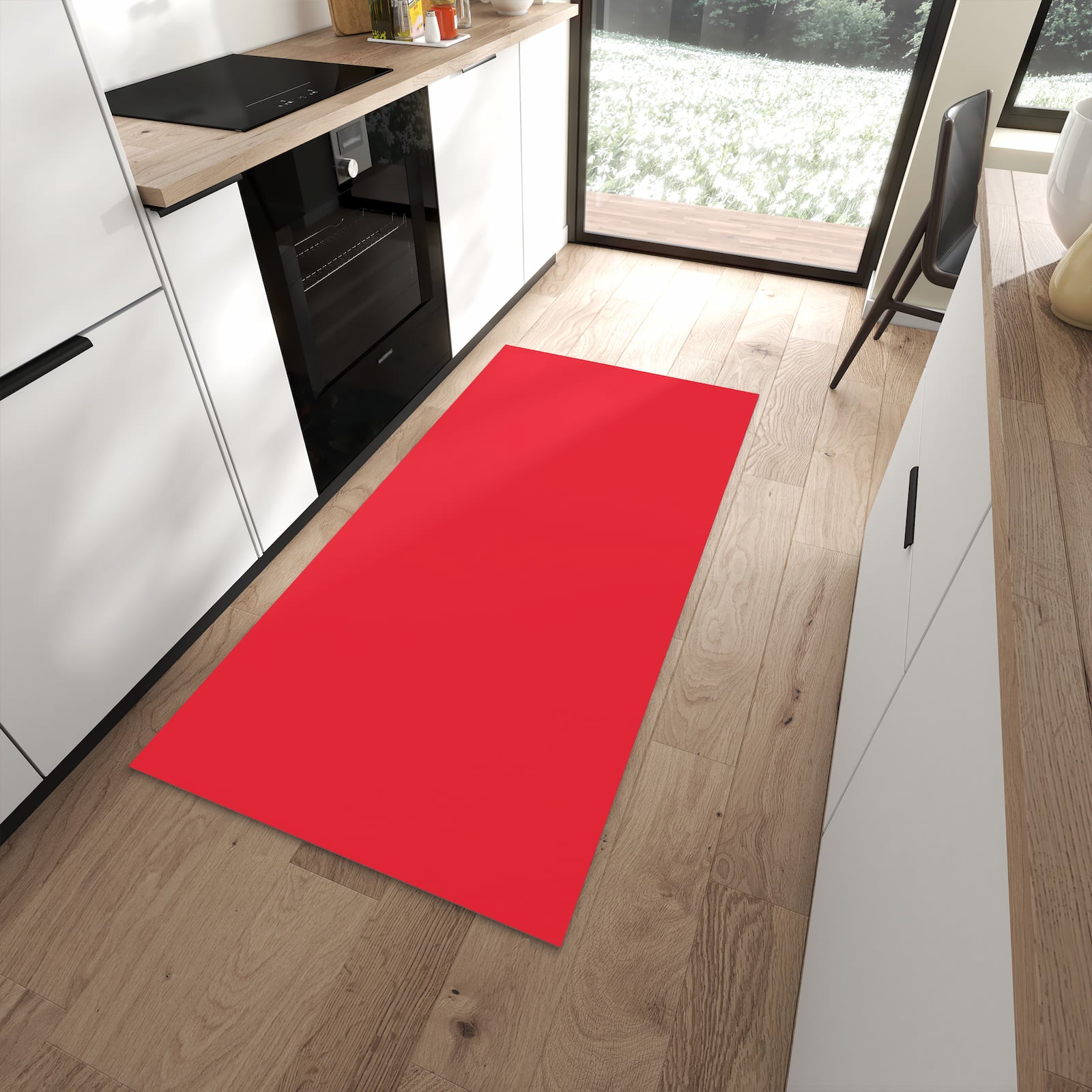 Pflegeleichter Küchenteppich mit Motiv Pink-Roter Hintergrund in moderner Küche