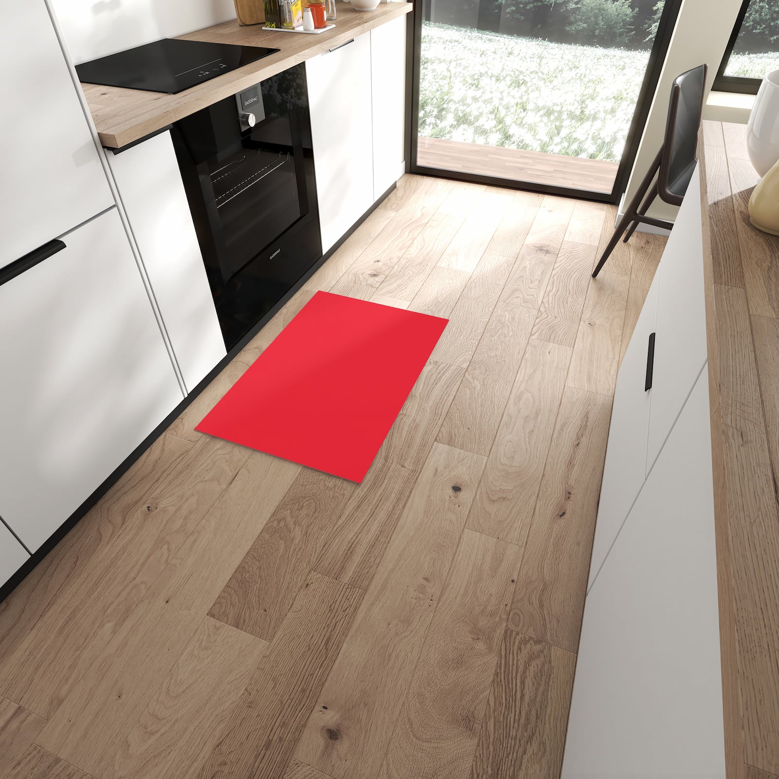 Fleckenresistenter Küchenteppich mit Motiv Pink-Roter Hintergrund in moderner Küche