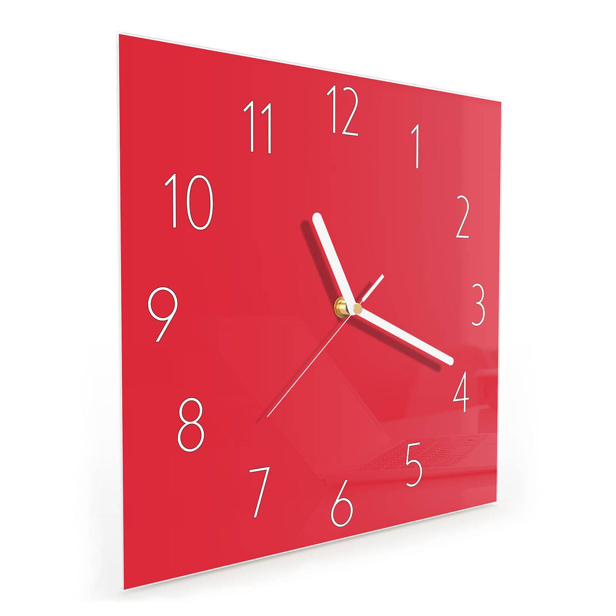 Quadratische Wanduhr aus Glas Pinkroter Hintergrund schräg von der Seite, 4 mm starkes Glas