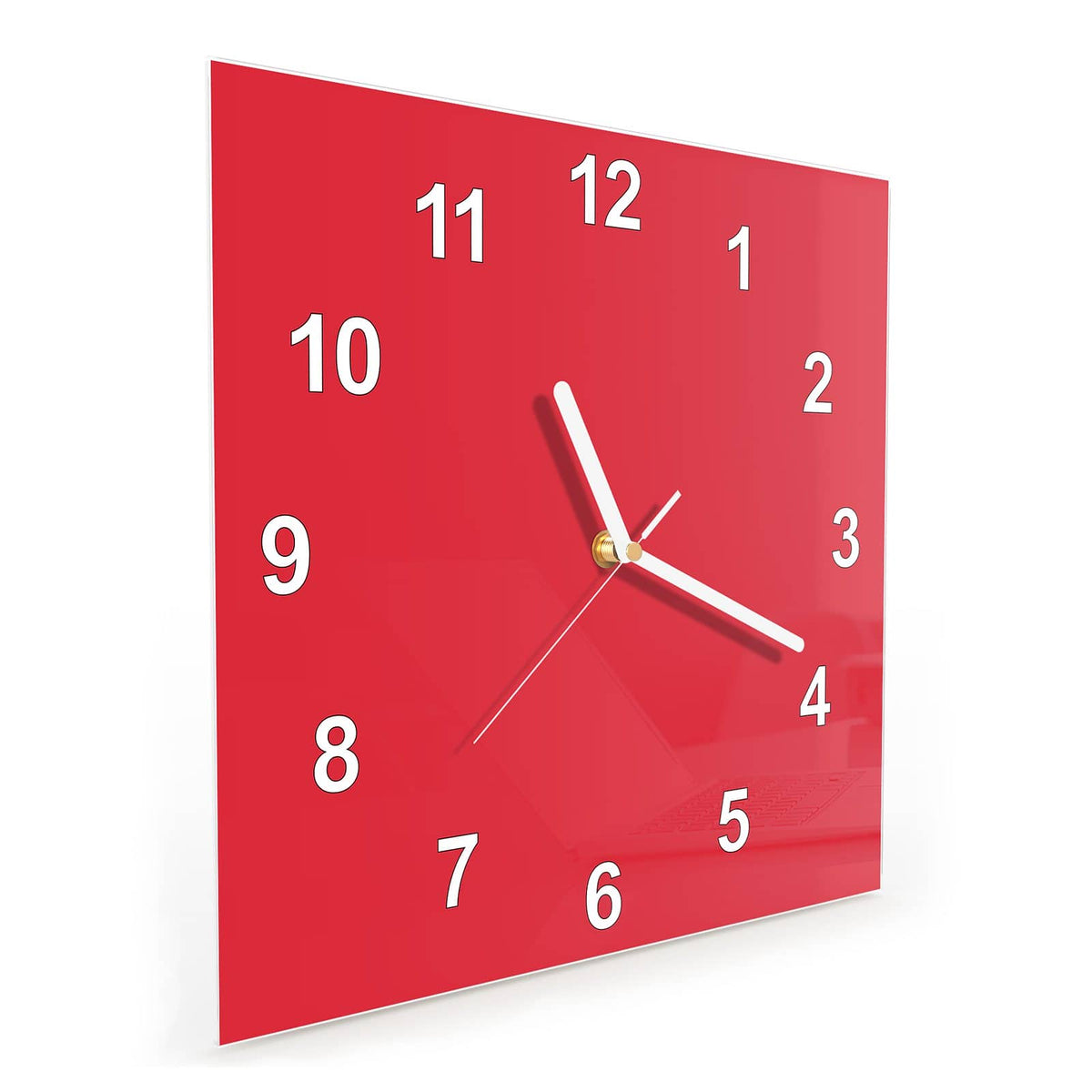 Quadratische Wanduhr aus Glas Pinkroter Hintergrund schräg von der Seite, 4 mm starkes Glas