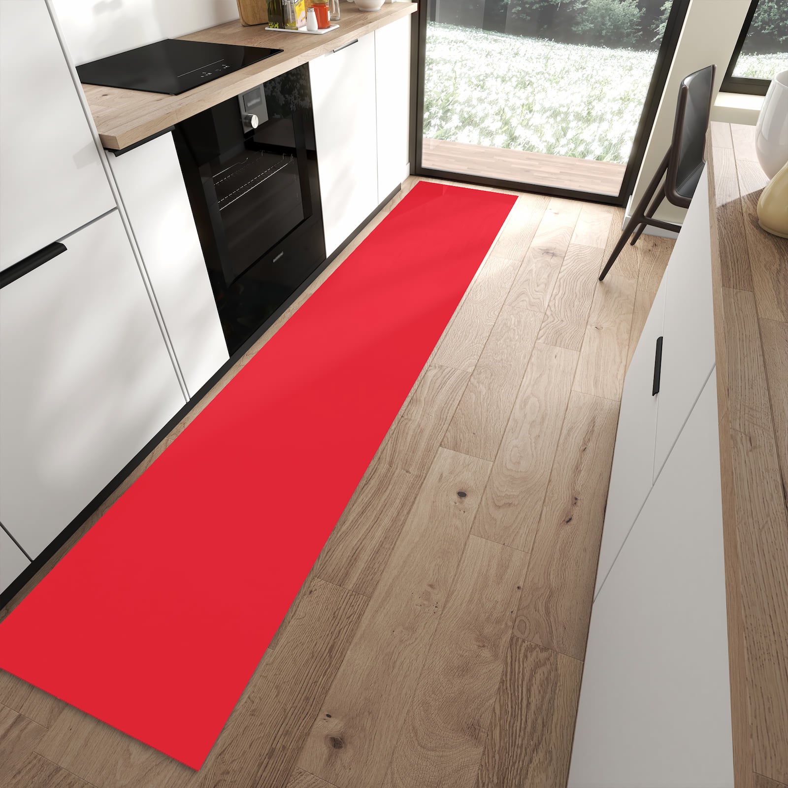 Wasserabweisender Küchenteppich mit Motiv Pink-Roter Hintergrund in moderner Küche