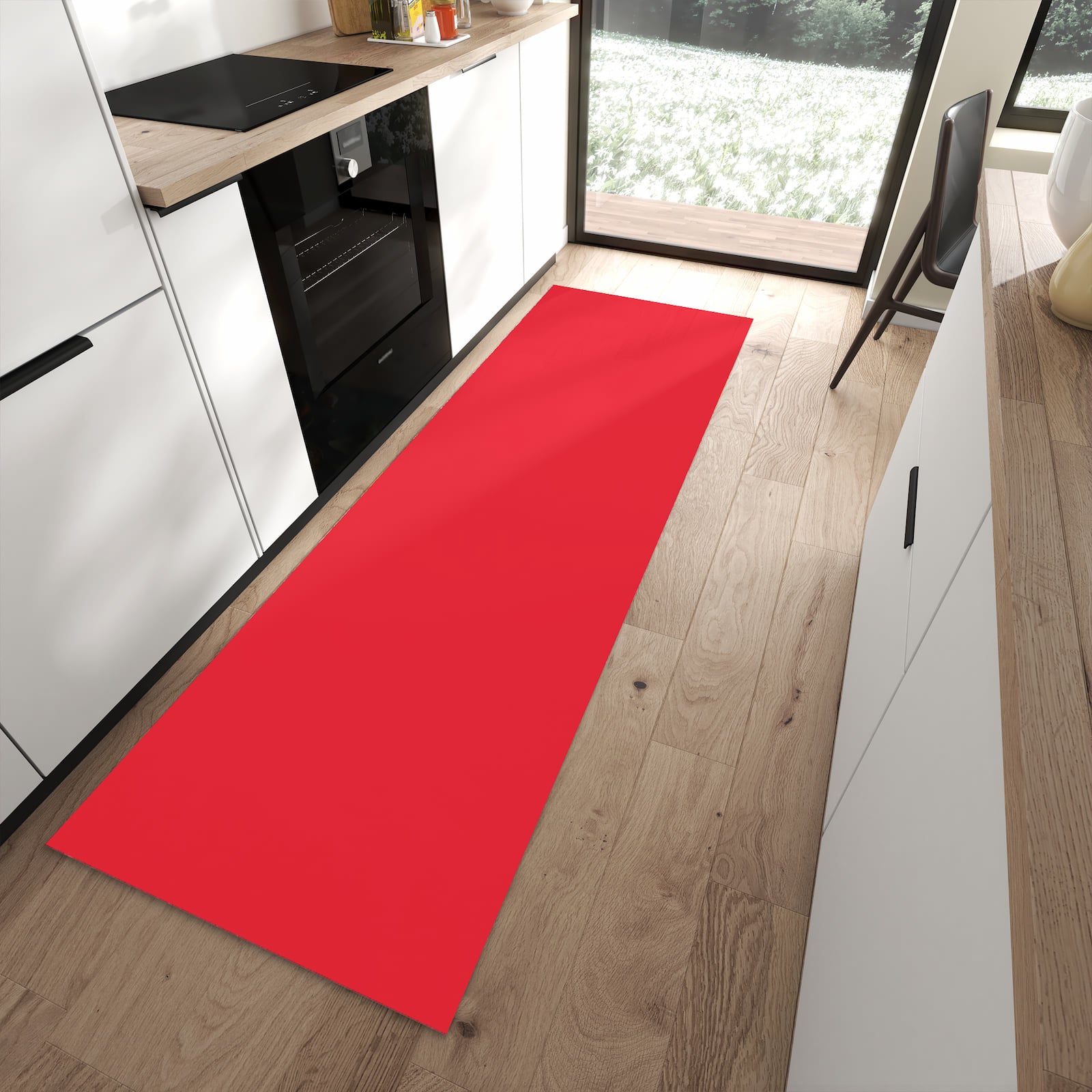 Geruchsneutraler Küchenteppich mit Motiv Pink-Roter Hintergrund in moderner Küche