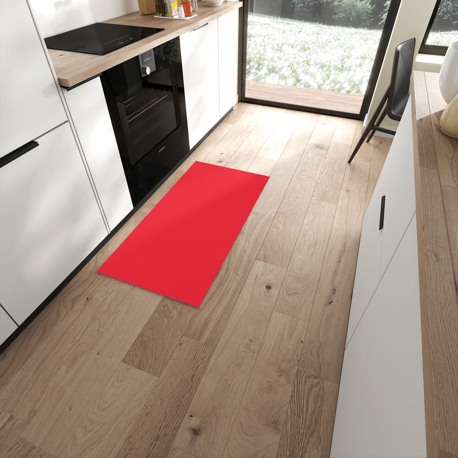 Zeitsparender Küchenläufer nach Maß mit Motiv Pink-Roter Hintergrund in moderner Küche #grösse_60 x 120 cm