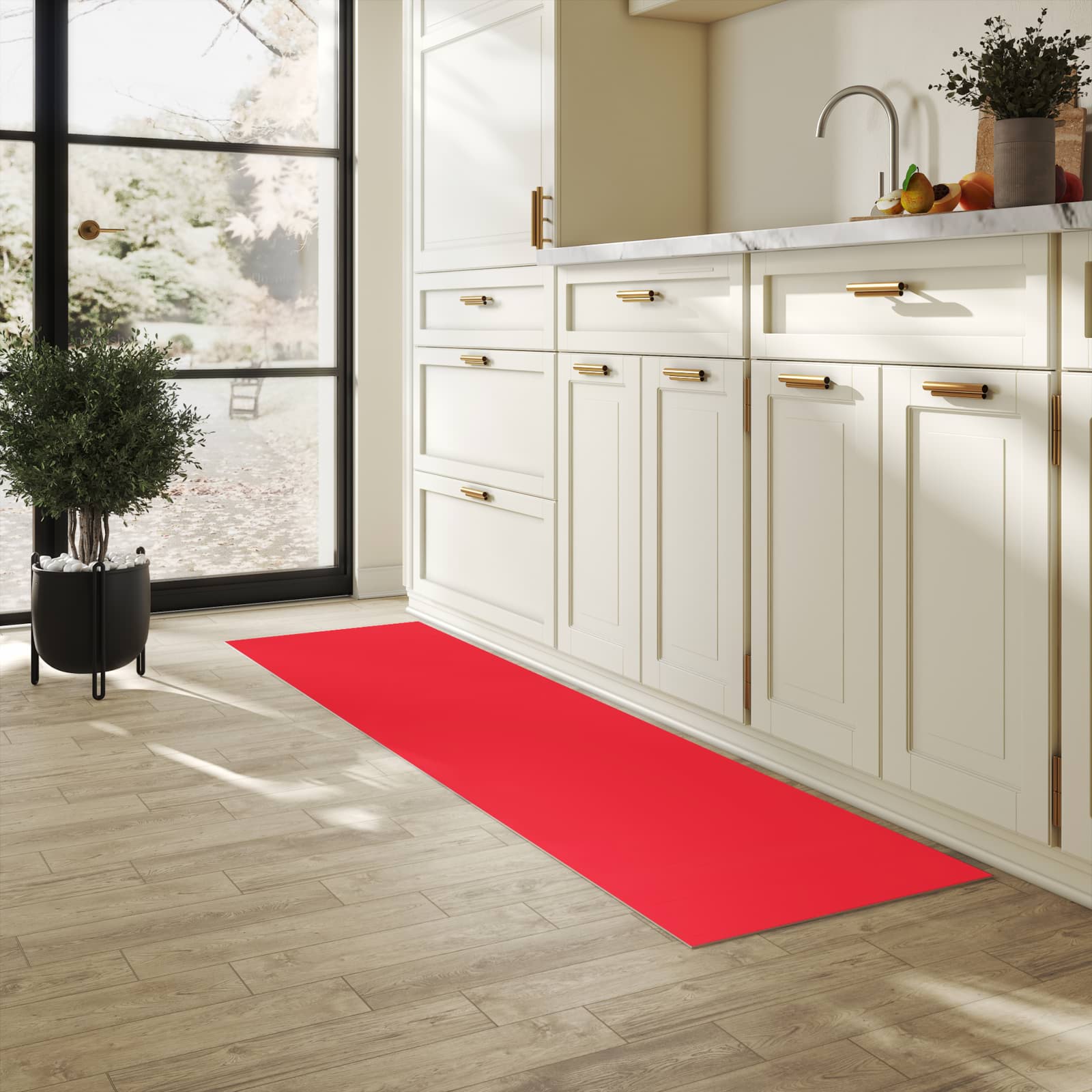 Langlebiger dünner Küchenteppich mit Motiv Pink-Roter Hintergrund in heller Küche