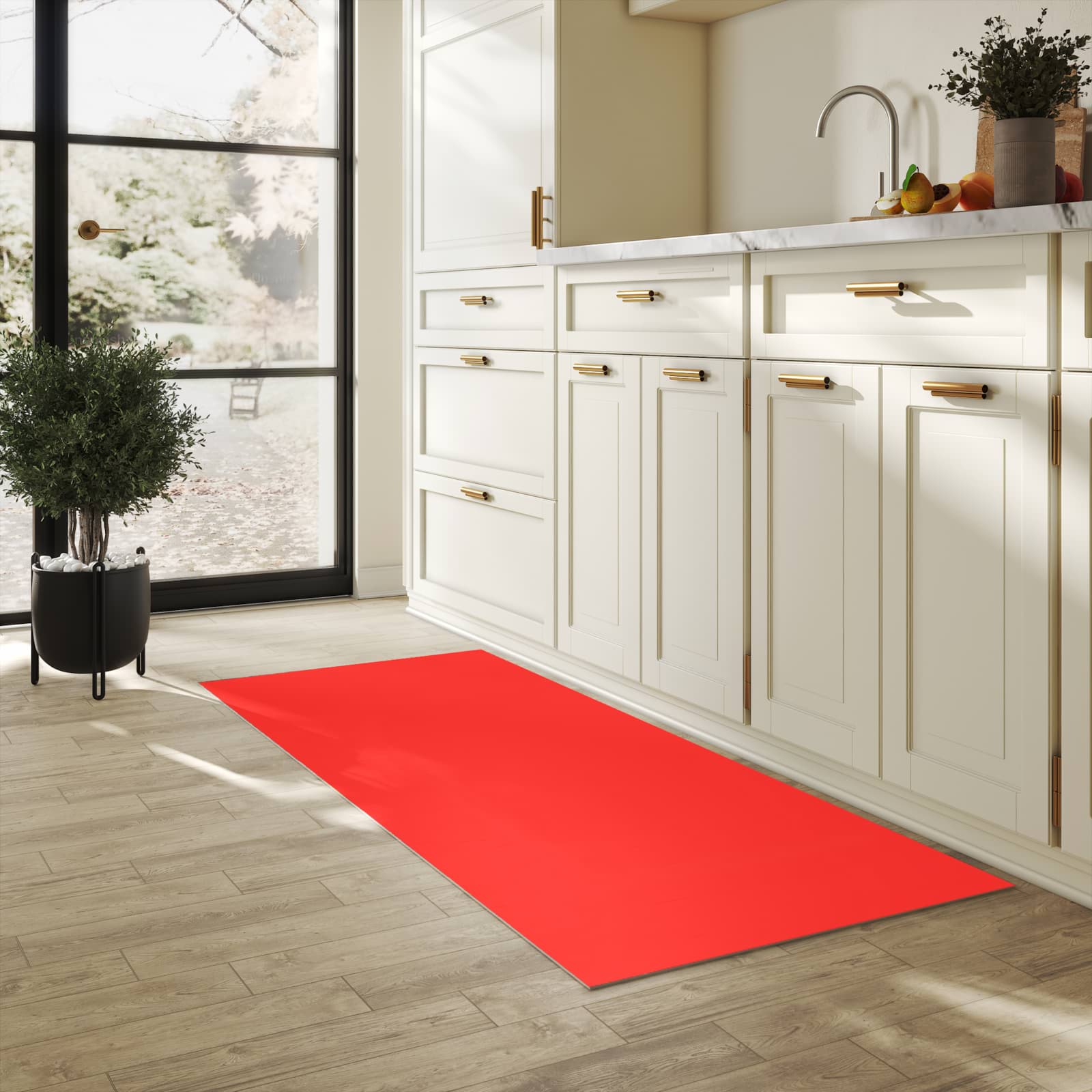 Zeitsparender waschbarer Küchenteppich mit Motiv Roter Hintergrund I in heller Küche