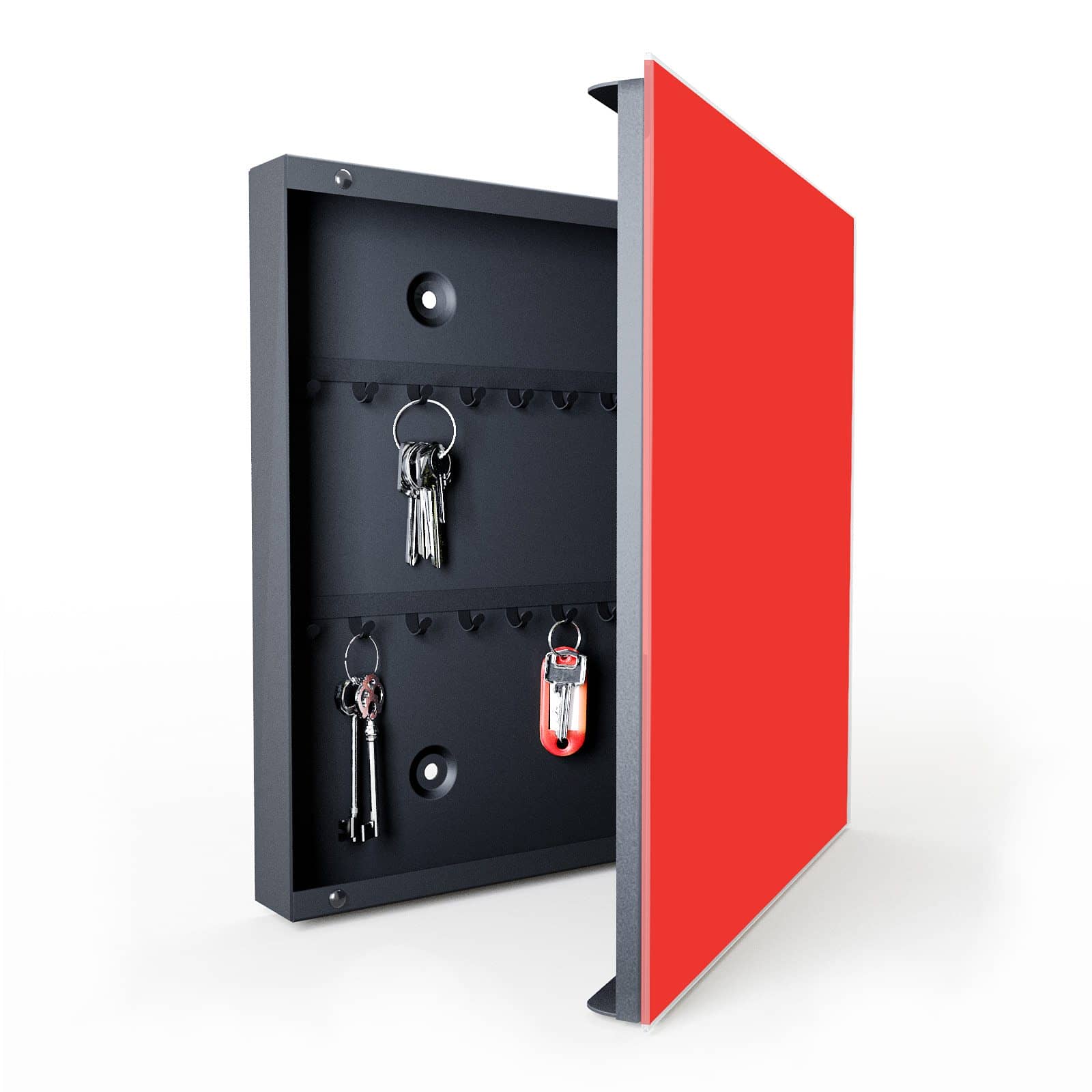 Rostfreie Schlüsselbox mit Motiv Roter Hintergrund I in geöffneter Innenansicht