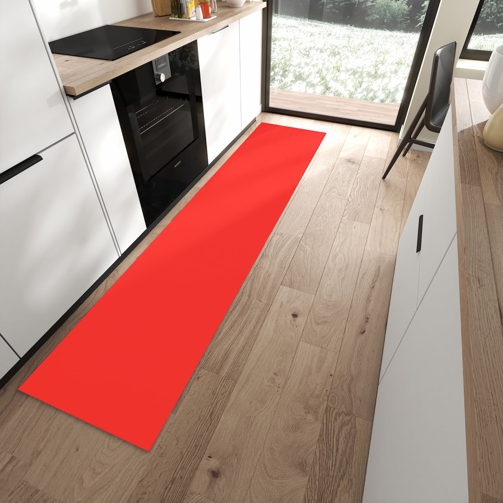 Langlebiger Küchenläufer mit Motiv Roter Hintergrund I in moderner Küche