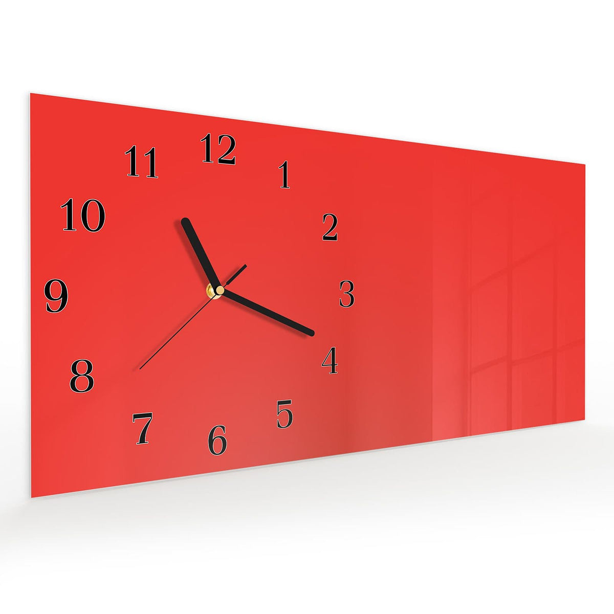 Vormontiert – mit Schwebeeffekt – Wanduhr Roter Hintergrund I aus Glas – Querformat 60 × 30 cm