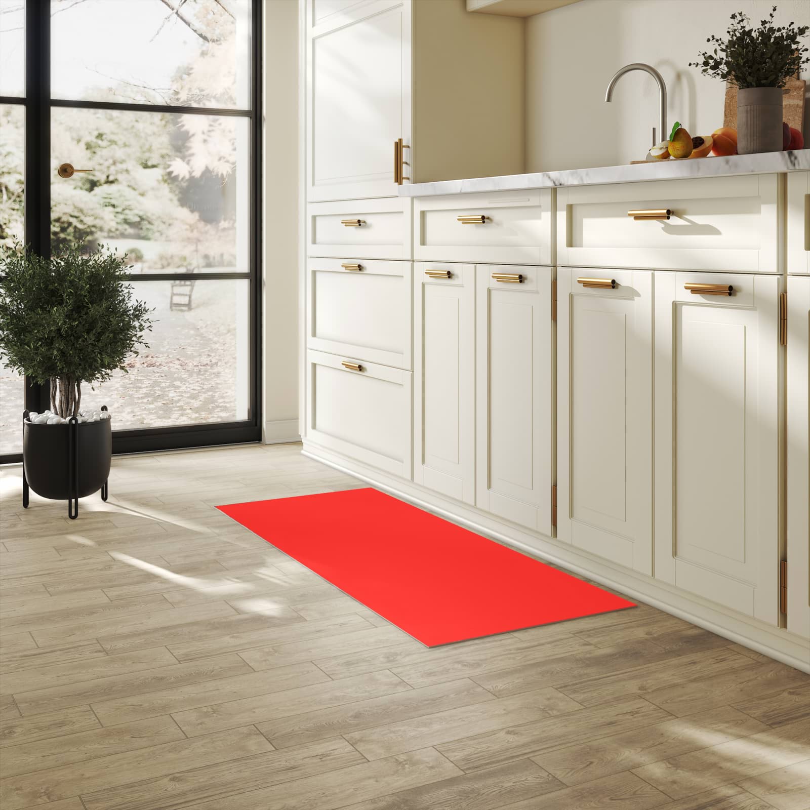 Bodenschonender Küchenteppich mit Motiv Roter Hintergrund I in heller Küche