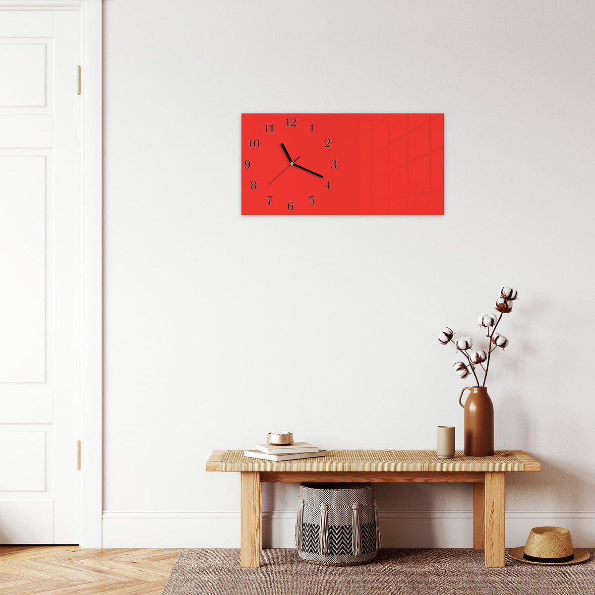 Moderne Wanduhr aus Glas mit Farbtiefe – Wanduhr Roter Hintergrund I aus Glas – Querformat 60 × 30 cm