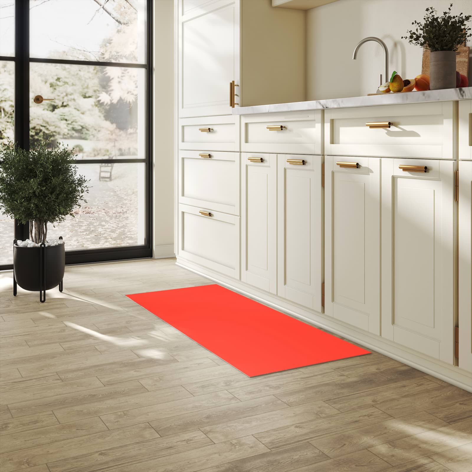 Langlebiger Küchenläufer mit Motiv Roter Hintergrund II in heller Küche