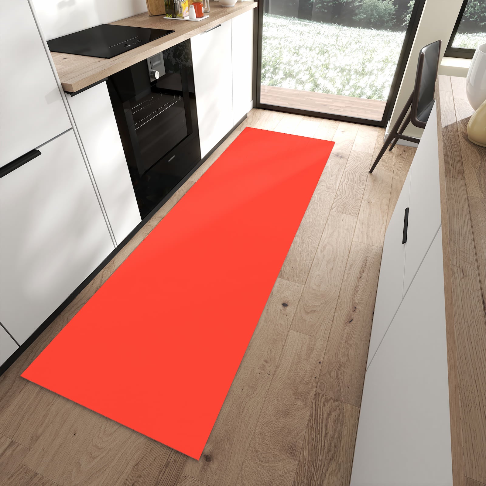 Flacher Küchenteppich mit Motiv Roter Hintergrund II in moderner Küche - waschbar