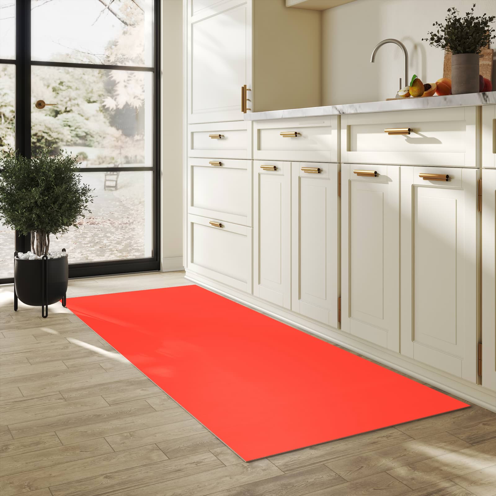 Rutschfester Küchenteppich mit Motiv Roter Hintergrund II in heller Küche