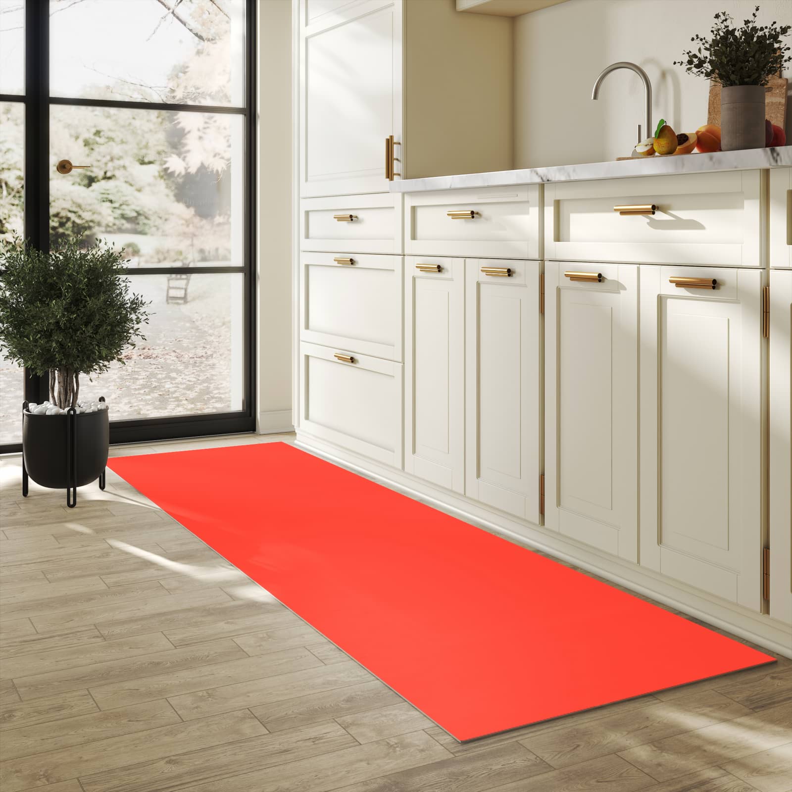 Strapazierfähiger Küchenteppich mit Motiv Roter Hintergrund II in heller Küche