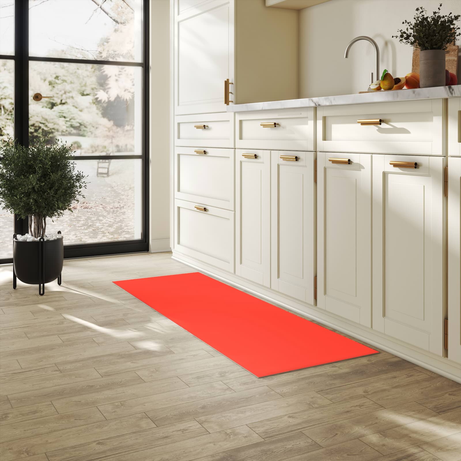 Flacher Küchenläufer nach Maß mit Motiv Roter Hintergrund II in heller Küche
