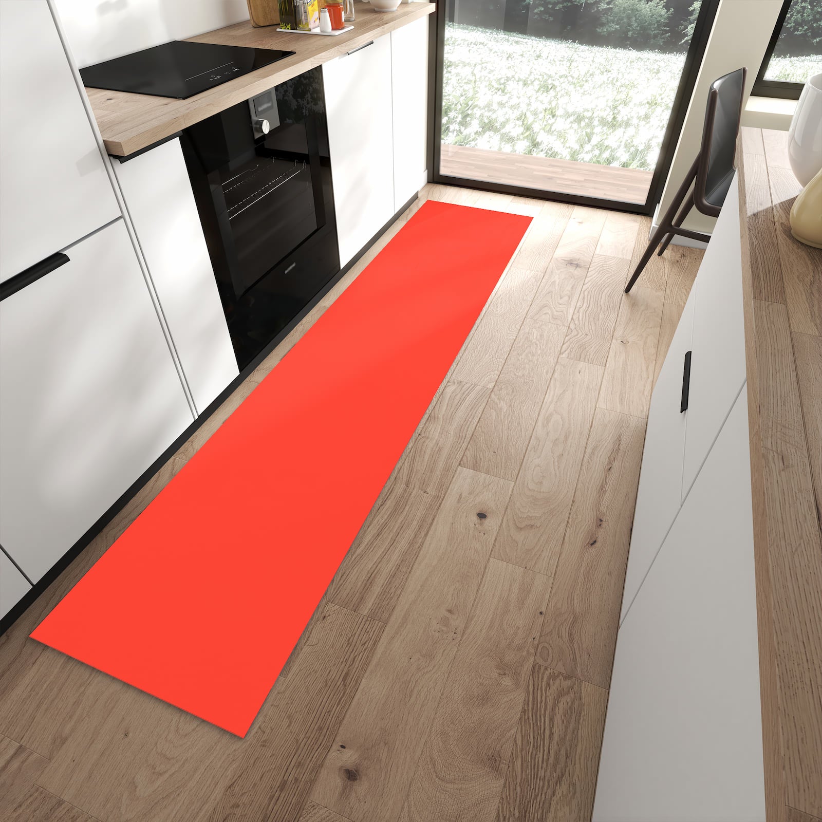 Fleckenresistenter rutschfester Küchenteppich mit Motiv Roter Hintergrund II in moderner Küche