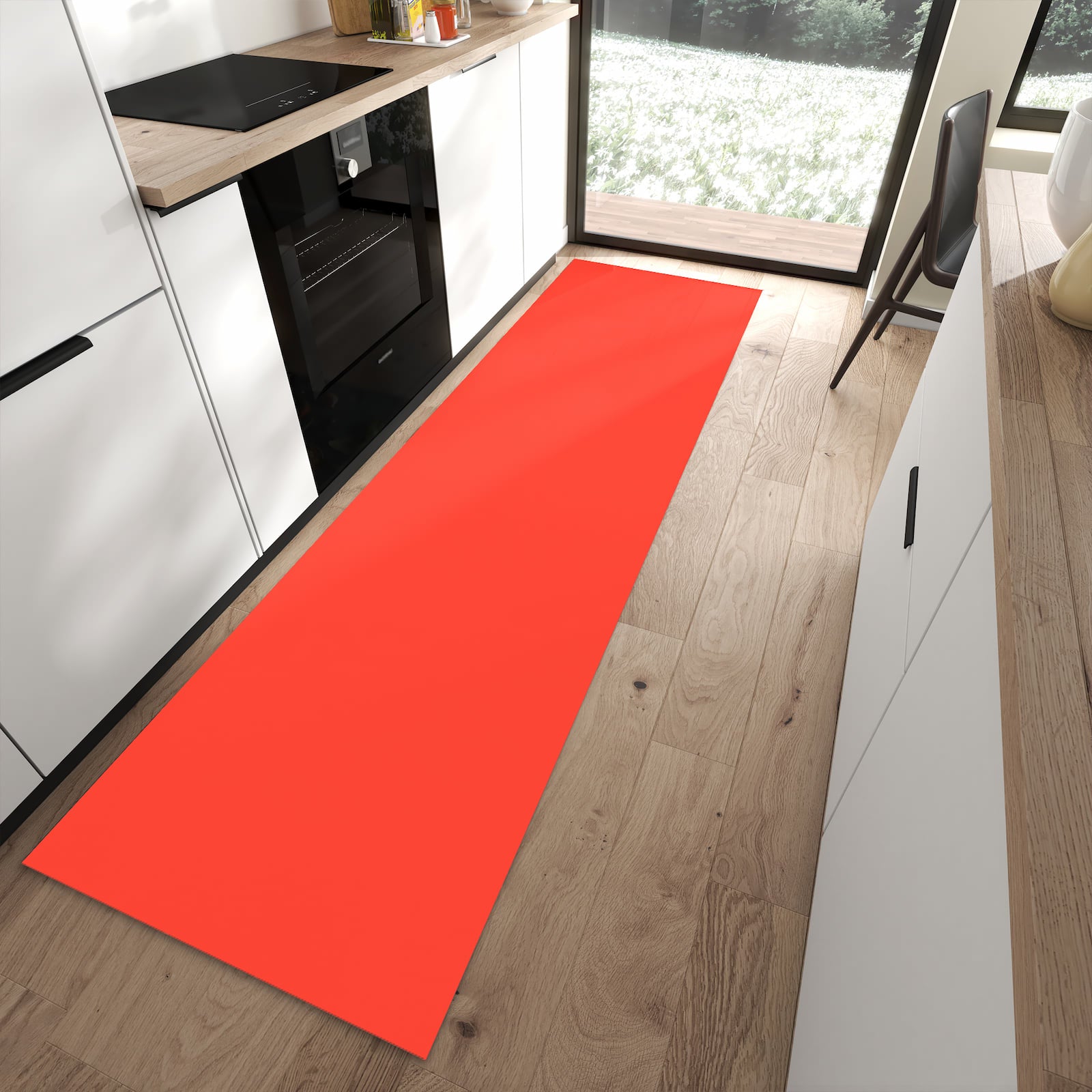 Pflegeleichter Küchenteppich mit Motiv Roter Hintergrund II in moderner Küche