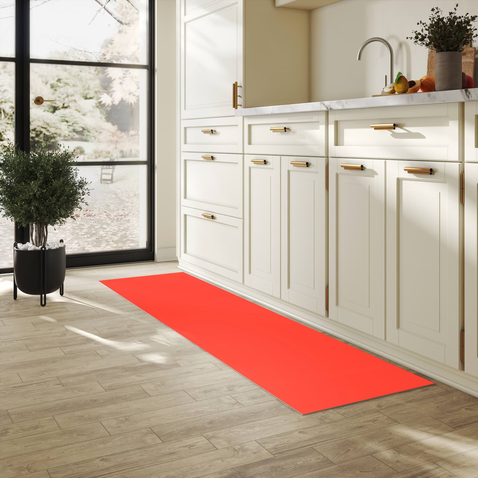 Pflegeleichter waschbarer Küchenläufer mit Motiv Roter Hintergrund II in heller Küche