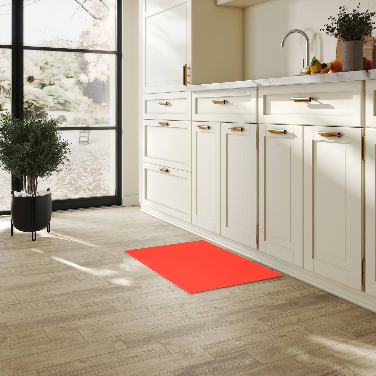 Abwaschbarer Küchenteppich mit Motiv Roter Hintergrund II in heller Küche