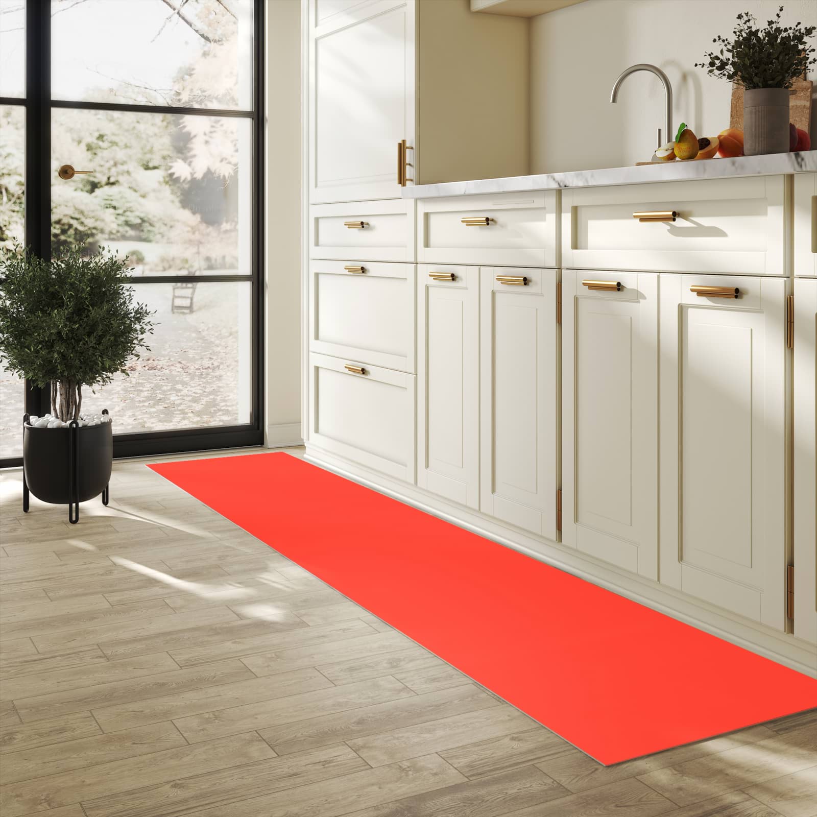 Rutschhemmender Küchenläufer mit Motiv Roter Hintergrund II in heller Küche