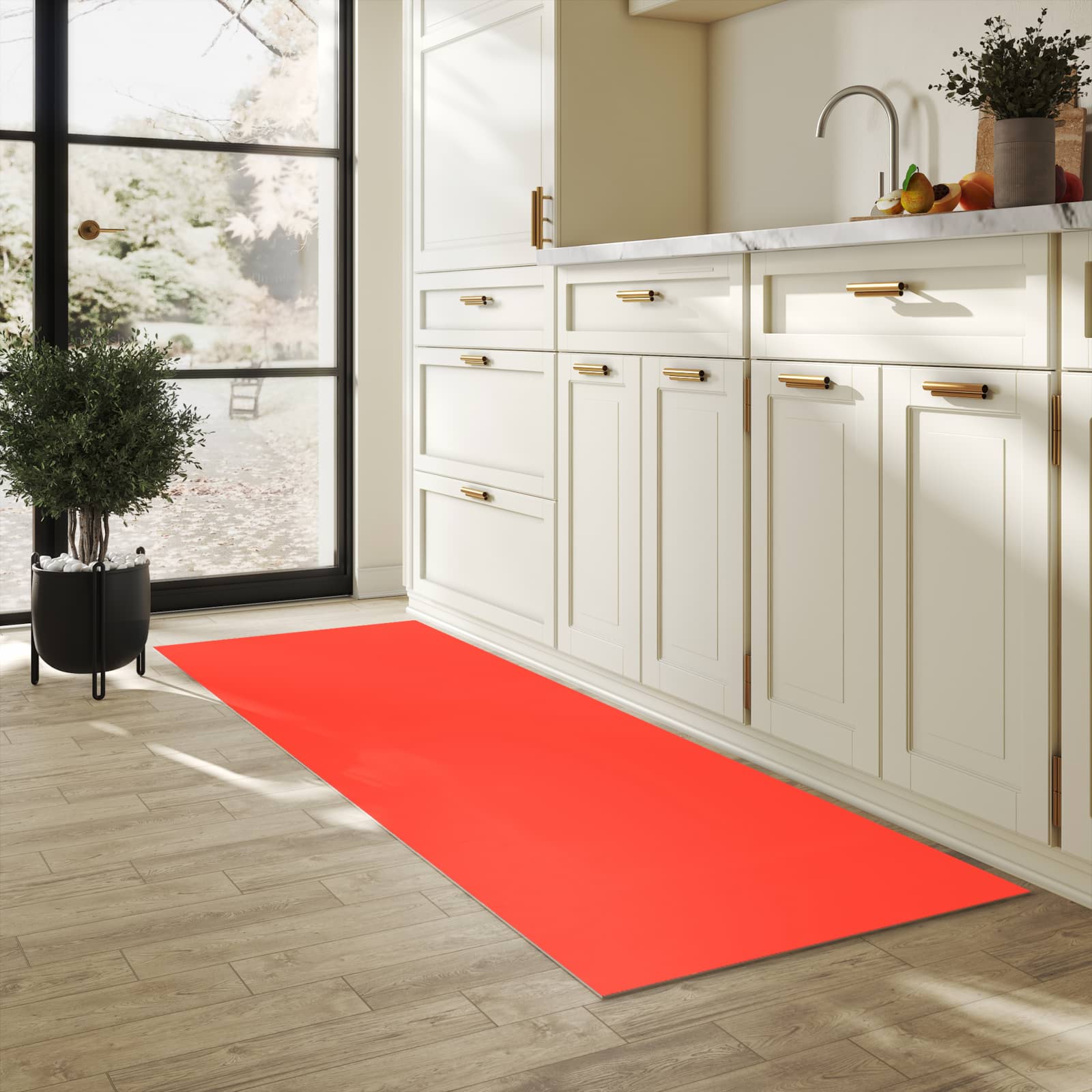 Hygienischer Küchenteppich mit Motiv Roter Hintergrund II in heller Küche