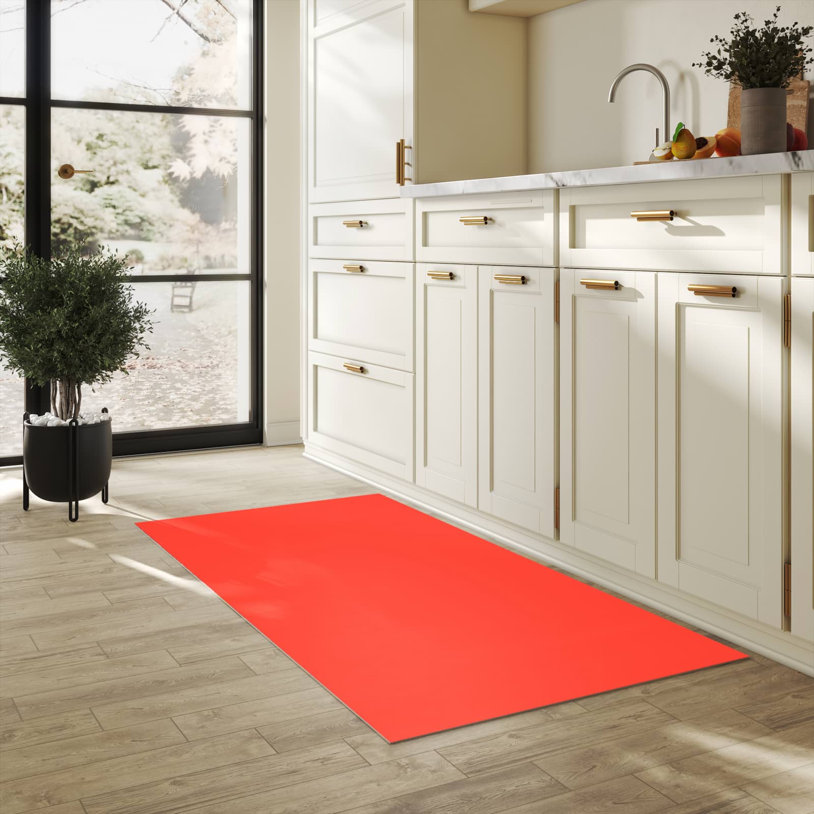 Langlebiger Teppich für die Küche mit Motiv Roter Hintergrund II in heller Küche