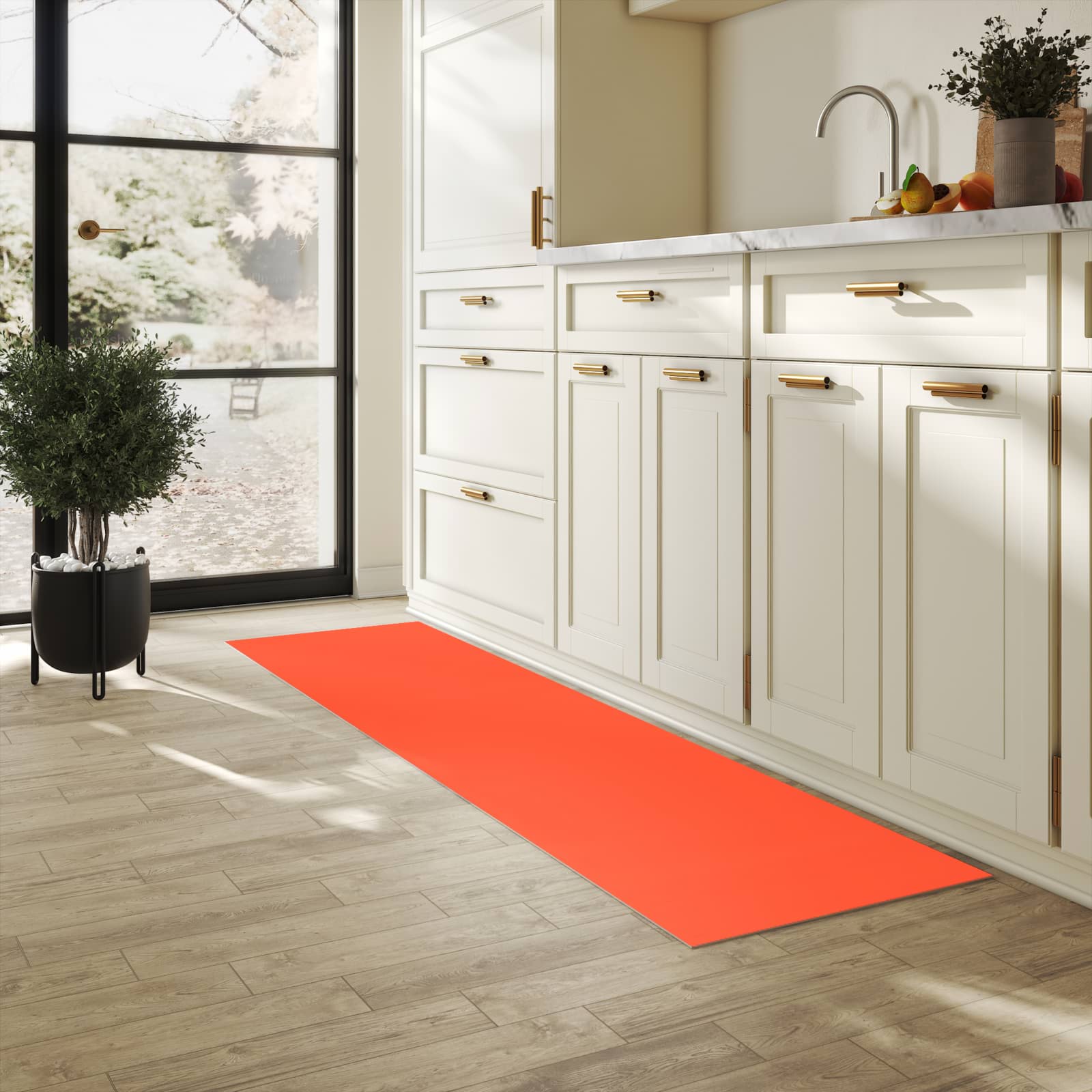 Formstabiler großer Küchenteppich mit Motiv Rot-Oranger Hintergrund in heller Küche