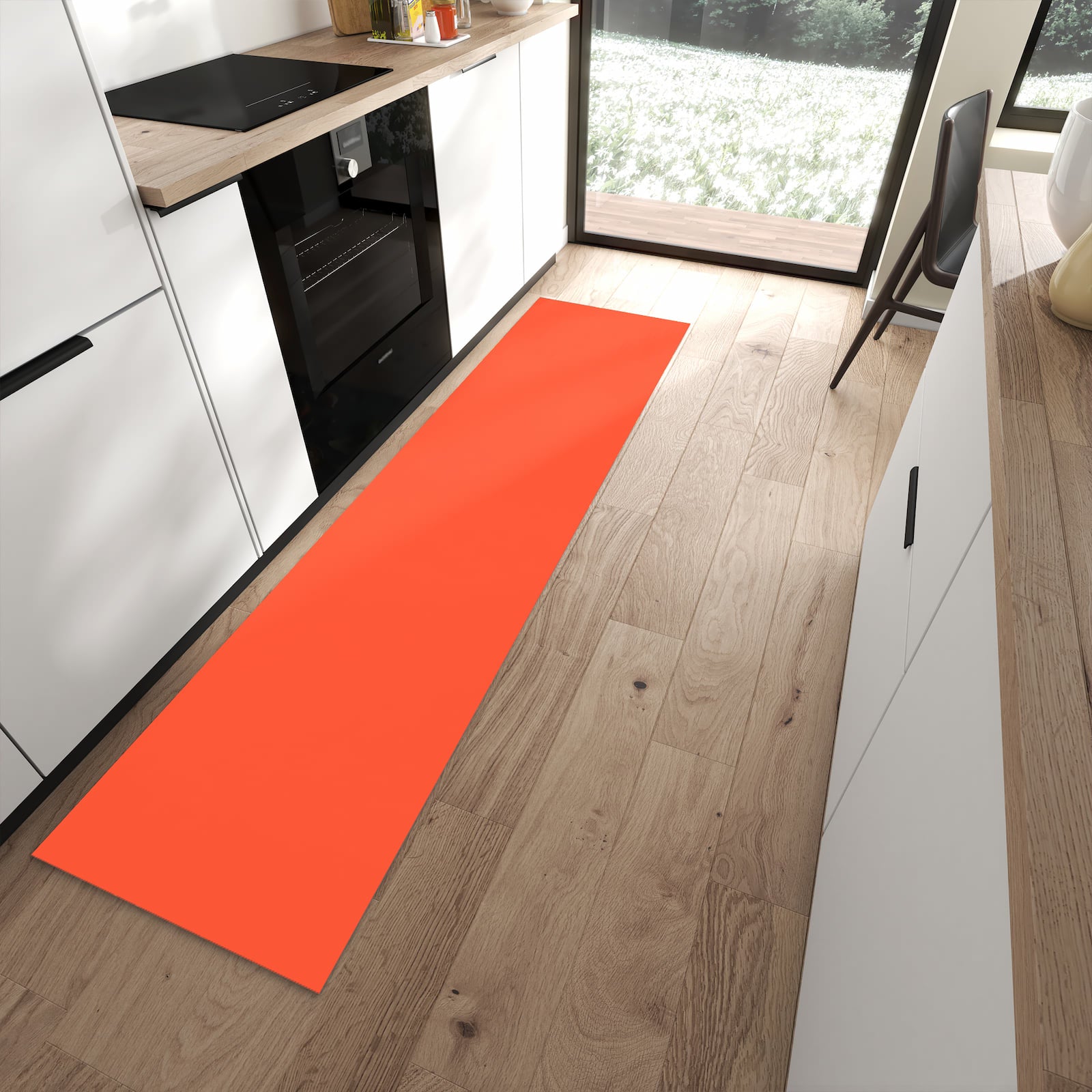 Rutschfester waschbarer Küchenteppich mit Motiv Rot-Oranger Hintergrund in moderner Küche