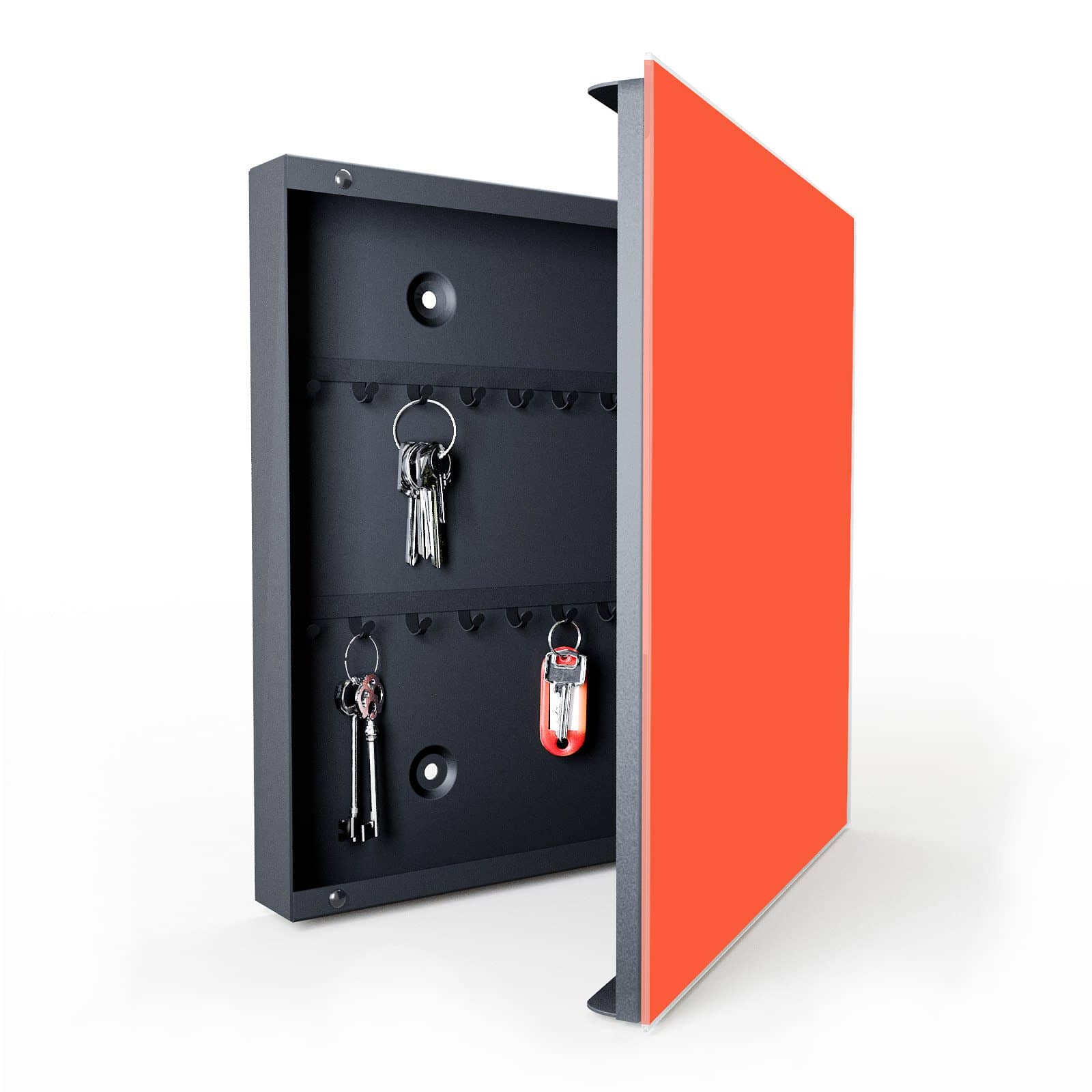 Belastbare Schlüsselbox mit Motiv Rot-Oranger Hintergrund in geöffneter Innenansicht